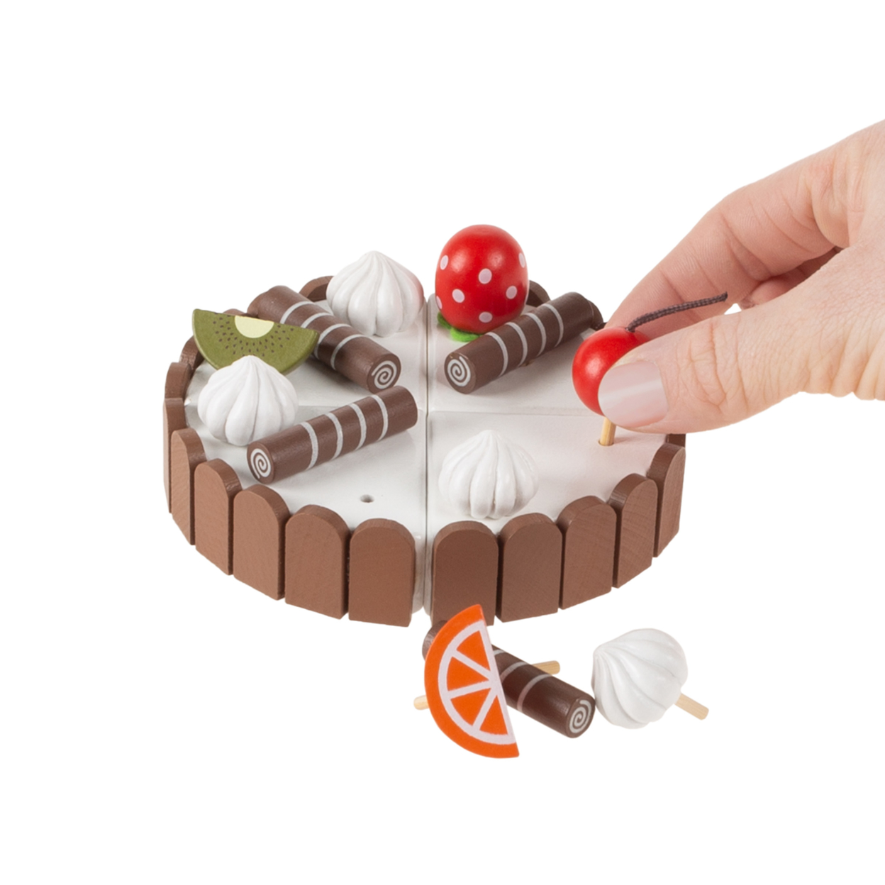 Birthday Cake-Kids Wooden Magnetic Dessert With Cutting Knife, Fruit Toppings, Chocolate And Vanilla Swirls