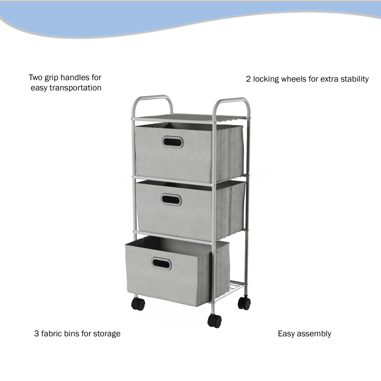3 Drawer Rolling Storage Cart On Wheels Portable Metal Storage Organizer With Fabric Bins