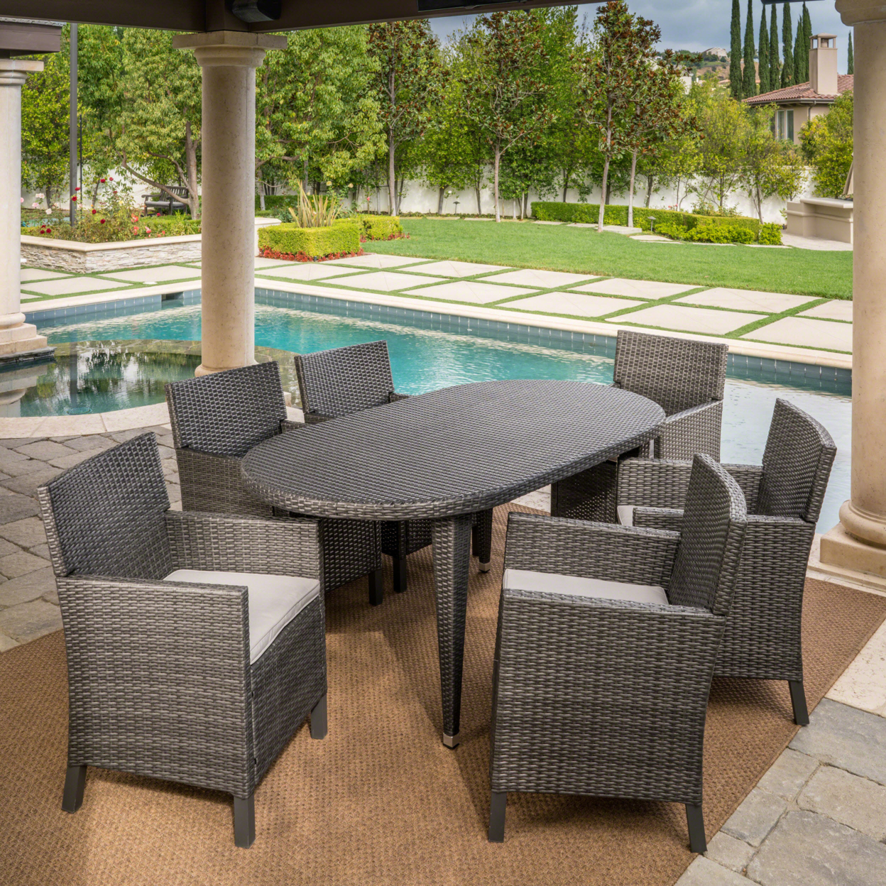 Crete Outdoor 7 Piece Wicker Oval Dining Set With Water Resistant Cushions - Multi-brown