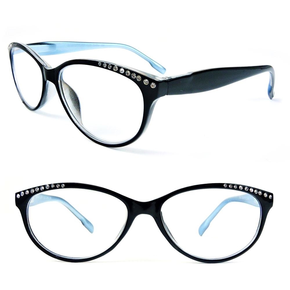 Reading Glasses Cat Eye Frame Spring Hinges Crystal Readers - Black/blue, +2.00