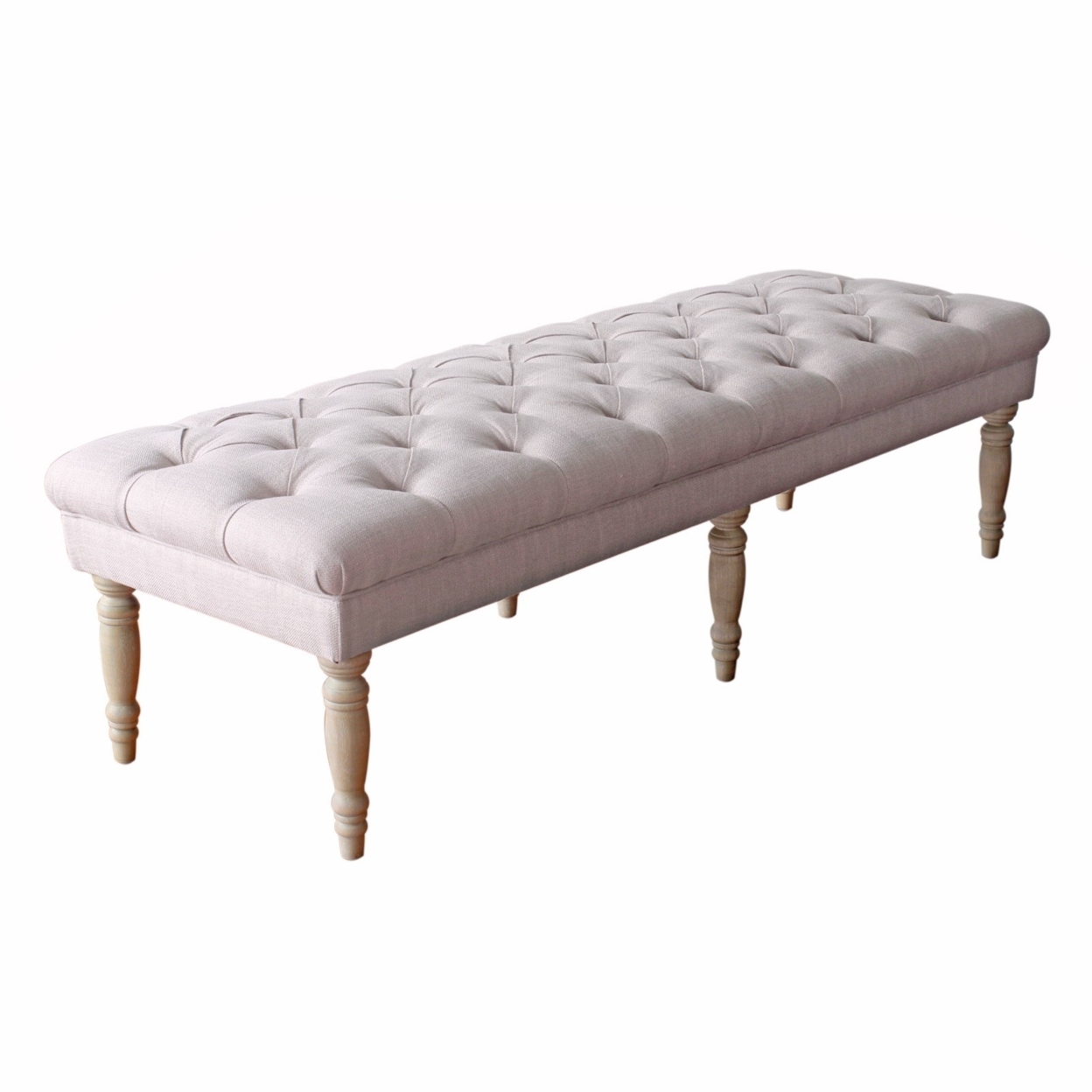 Wooden Bench With Button Tufted Fabric Upholstered Seat And Turned Legs, Cream- Saltoro Sherpi
