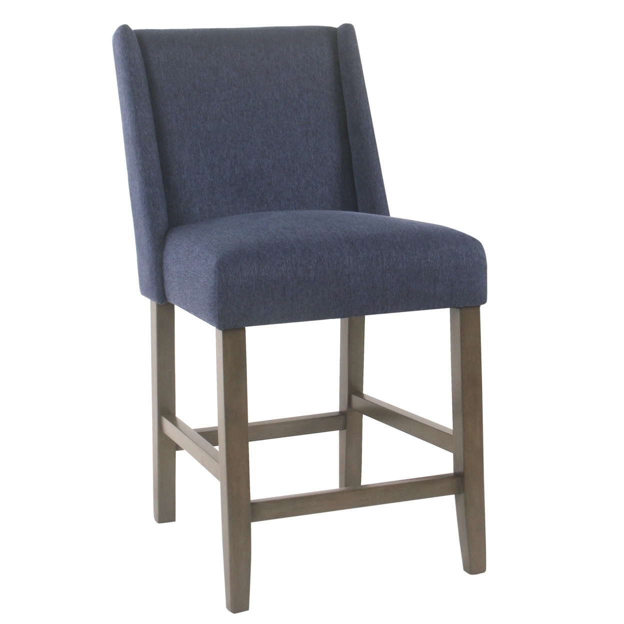 Fabric Upholstered Wooden Counter Stool With Curved Backrest And Cushion Seat, Navy Blue- Saltoro Sherpi
