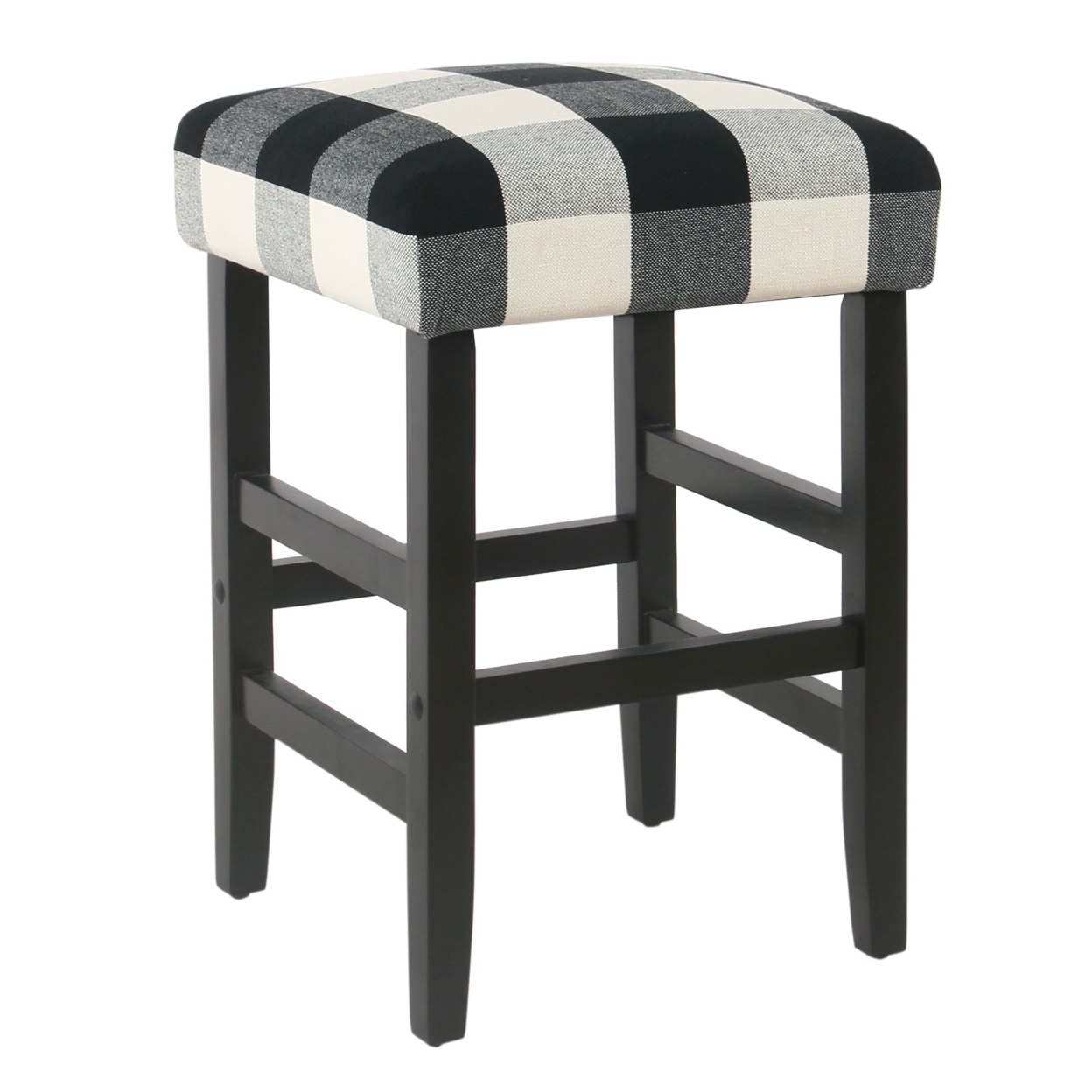 Square Wooden Counter Stool With Buffalo Plaid Fabric Upholstered Seat, Black And White- Saltoro Sherpi