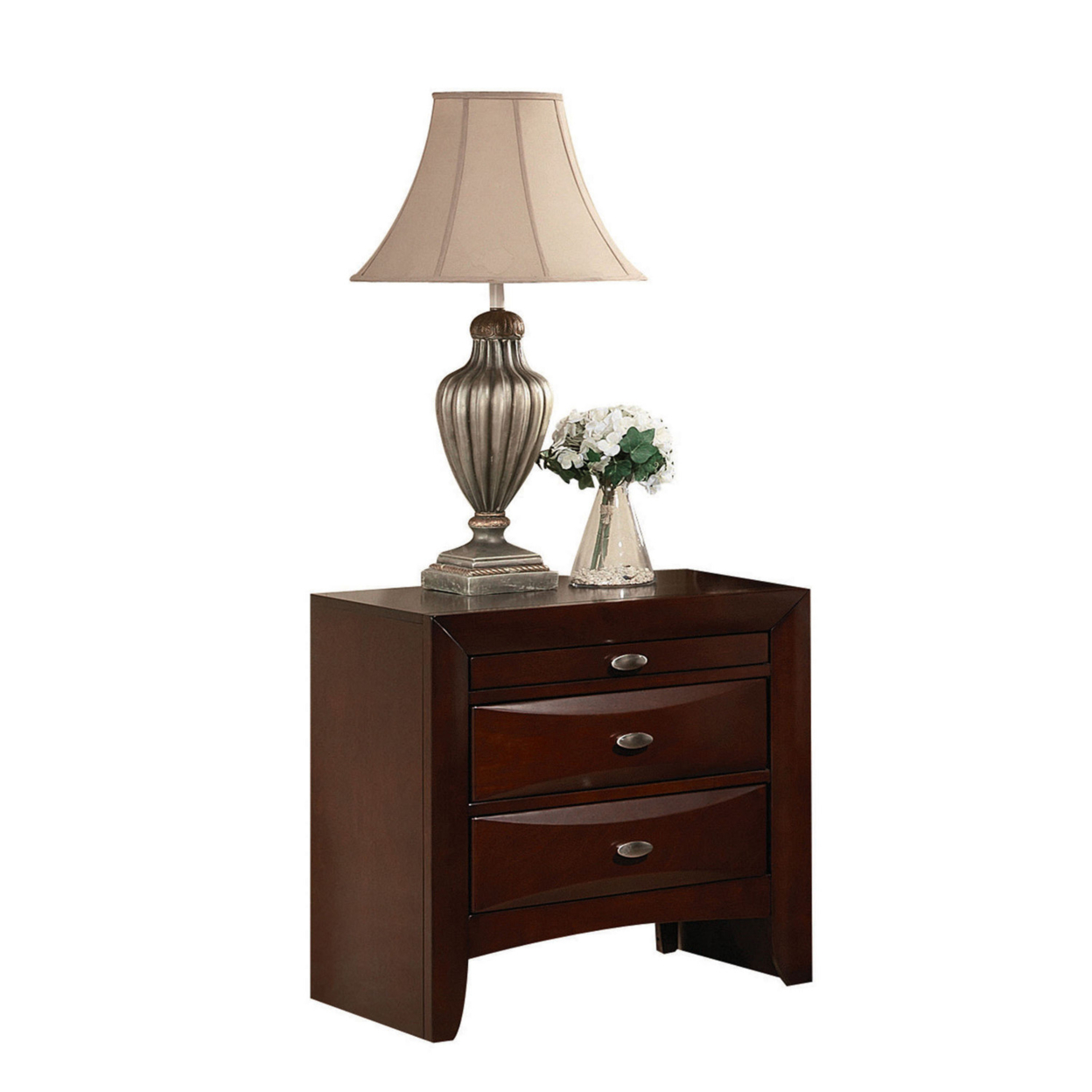 Contemporary Style Wooden Nightstand With Three Drawers And Metal Knobs, Brown- Saltoro Sherpi
