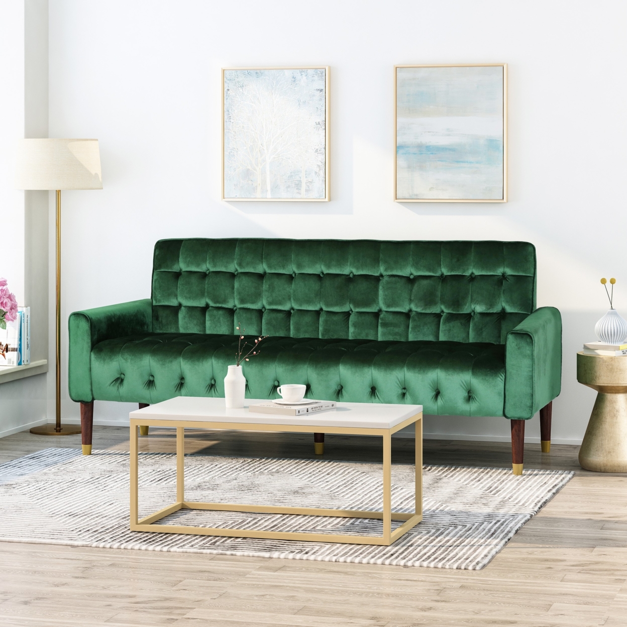 Adan Tufted Velvet Sofa With Gold Tipped Tapered Legs - Emerald