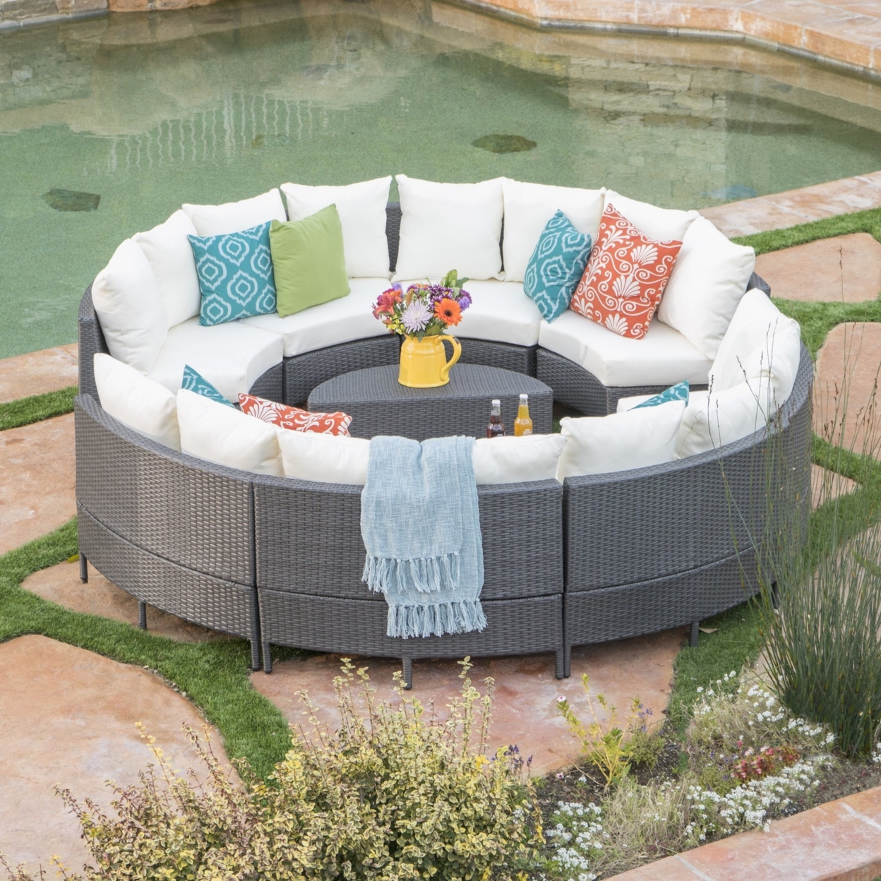 Alacati 10Pc Outdoor Wicker Sofa Set With Cushions - Multibrown / Gray
