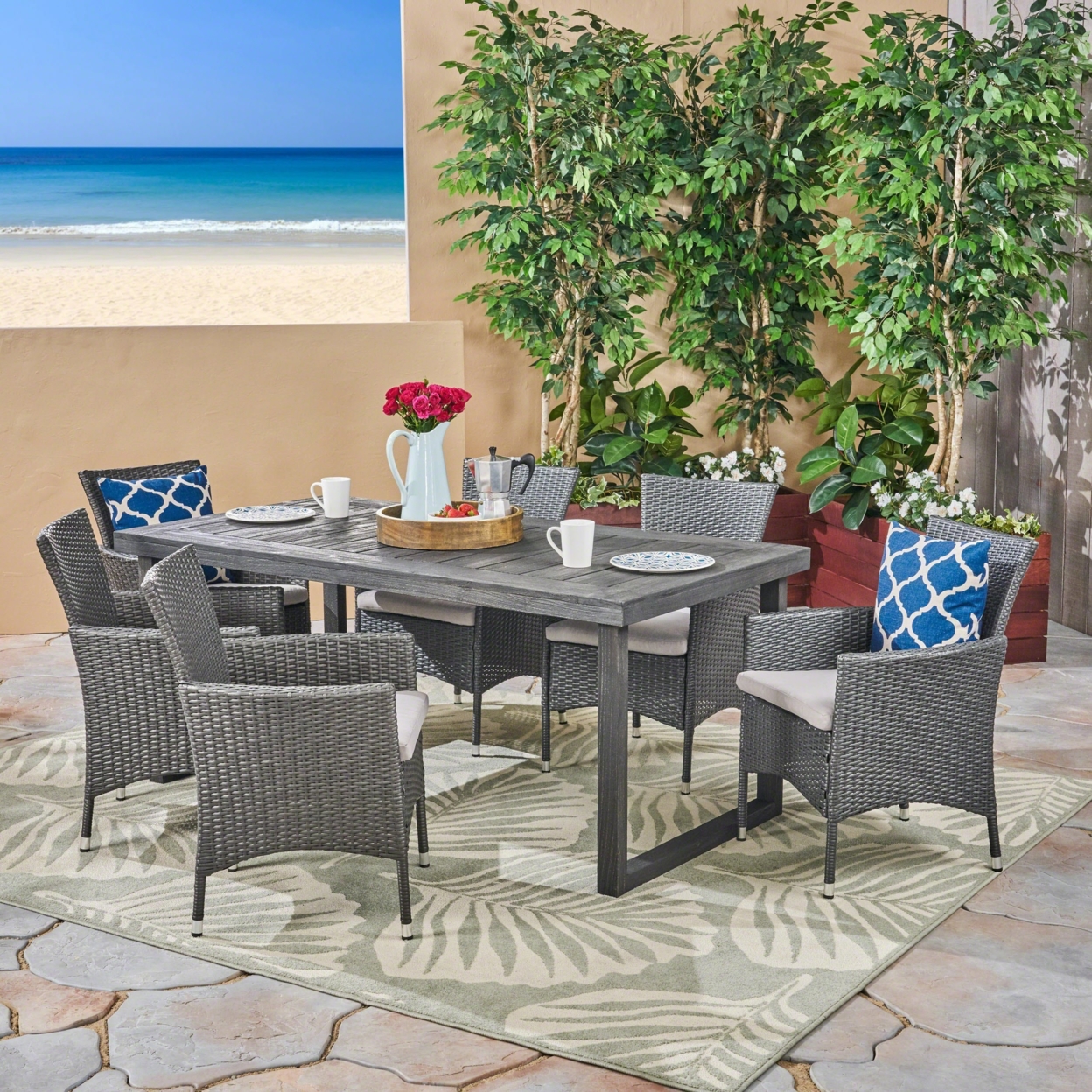 Agnes Outdoor 6-Seater Acacia Wood Dining Set With Wicker Chairs, Sandblast Dark Gray Finish And Gray And Silver