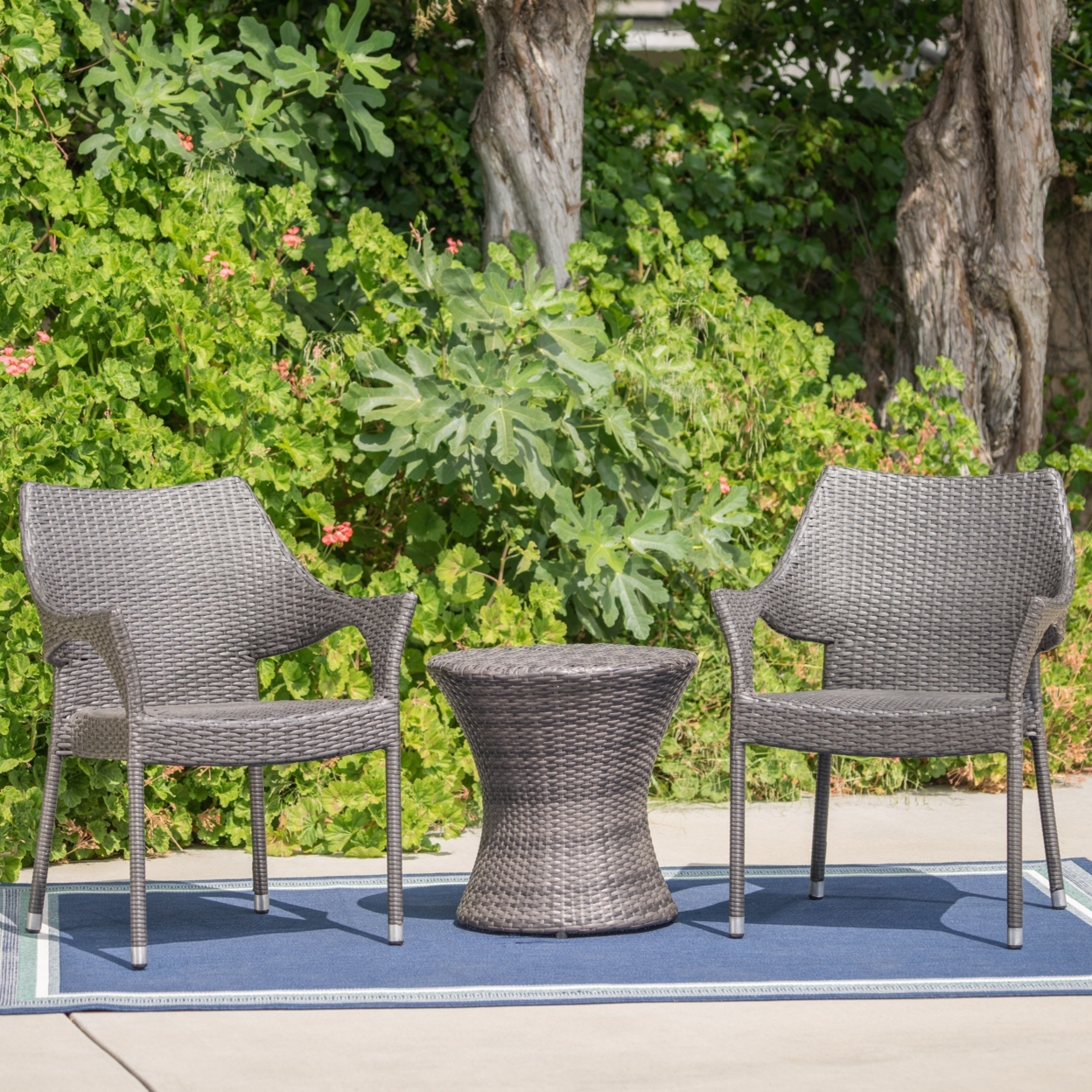 Alfheimr Outdoor 3 Piece Grey Wicker Stacking Chair Chat Set - Grey, Barrel Table