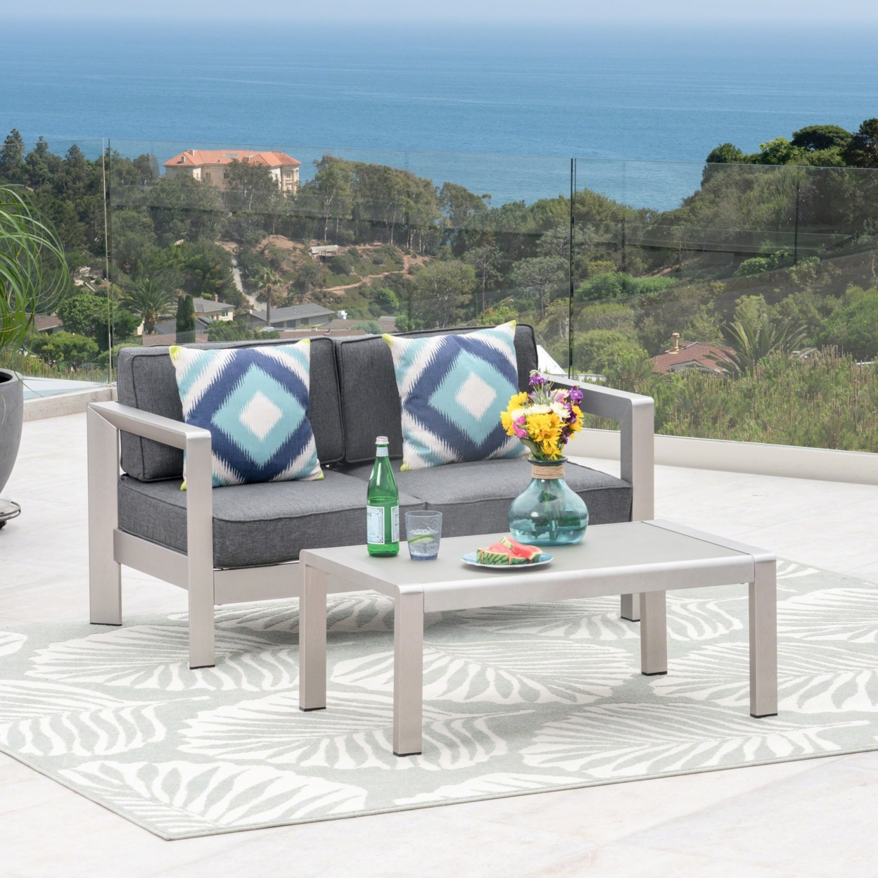 Alec Outdoor Aluminum Loveseat And Tempered Glass-Topped Coffee Table, Silver And Gray