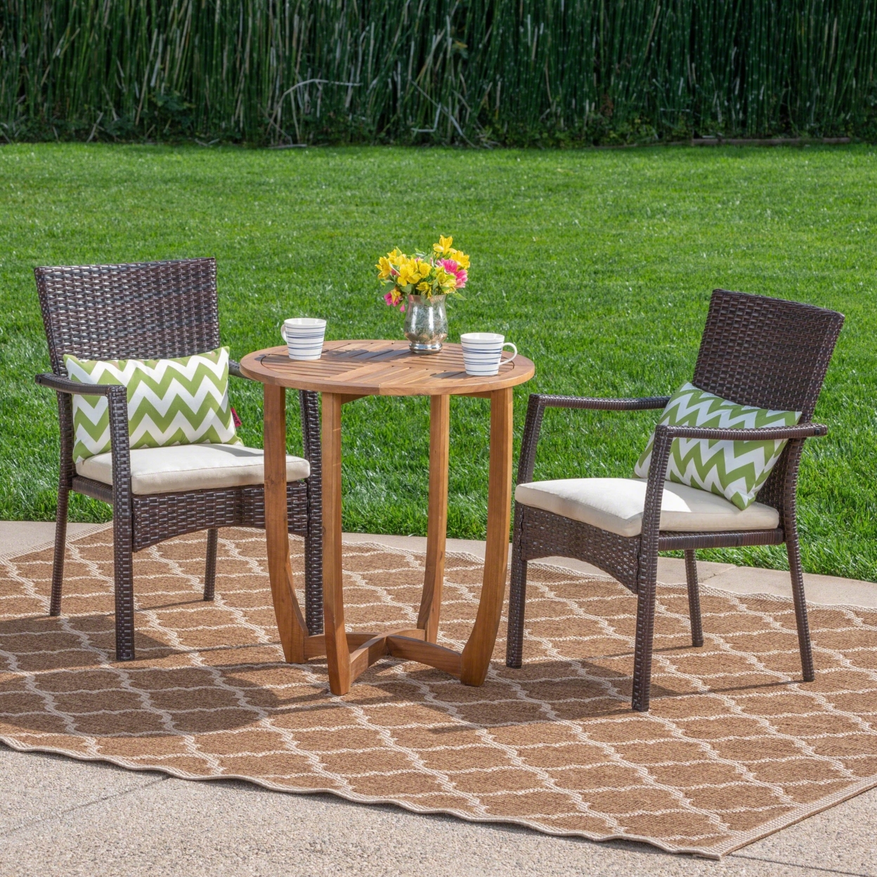 Alex Outdoor 3 Piece Acacia Wood/ Wicker Bistro Set With Cushions, Teak Finish And Brown With CrÌ¬me