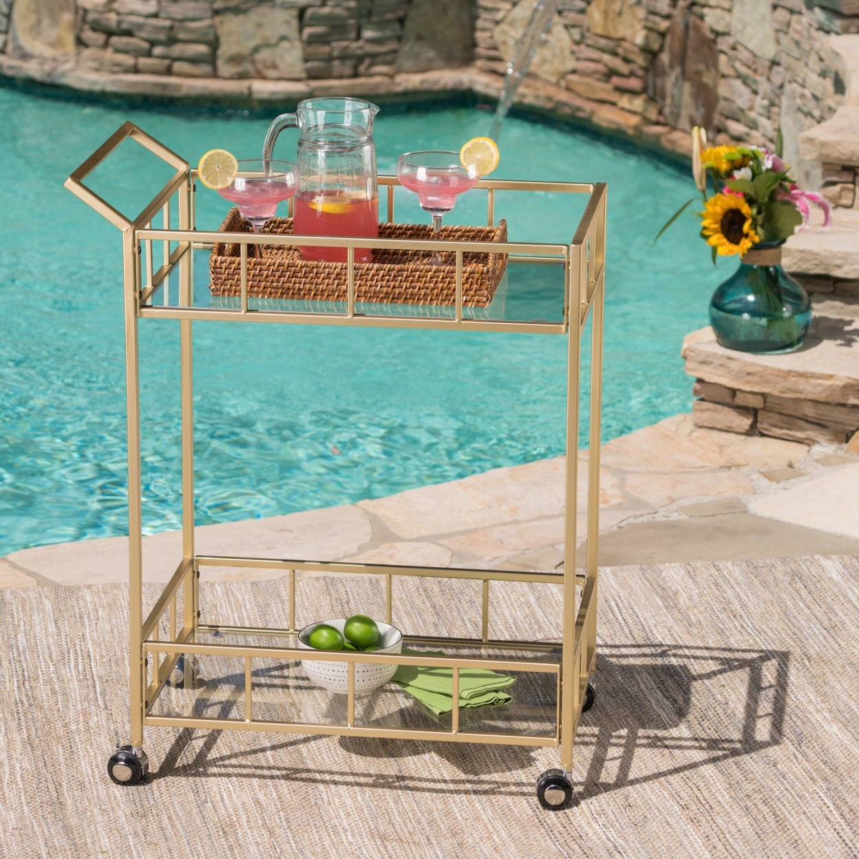 Alice Outdoor Industrial Modern Iron And Glass Bar Cart, Gold