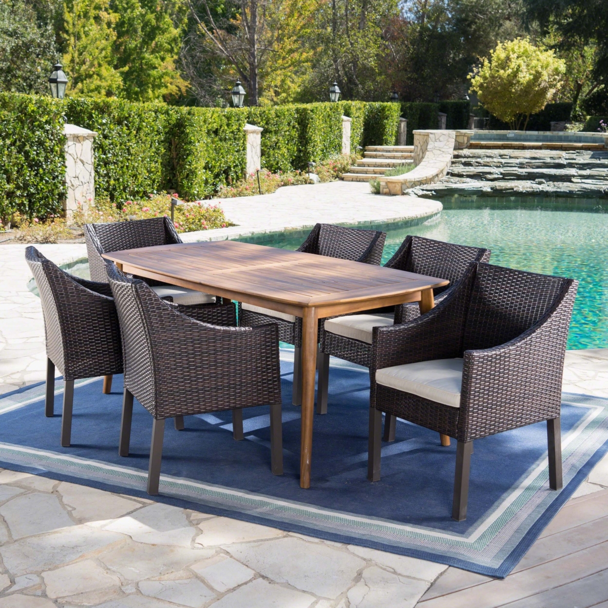 Allen Outdoor 7 Piece Wicker Dining Set With Teak Finished Acacia Wood Table