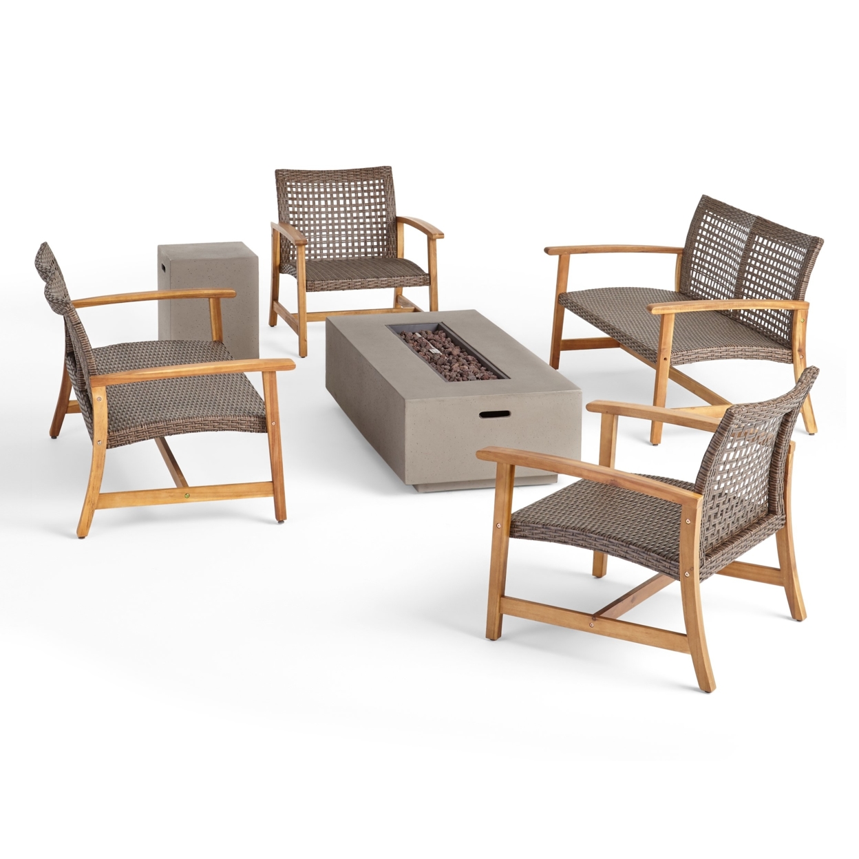 Allison Outdoor 6 Piece Wood And Wicker Chat Set With Fire Pit - Mixed Mocha, Natural Finish