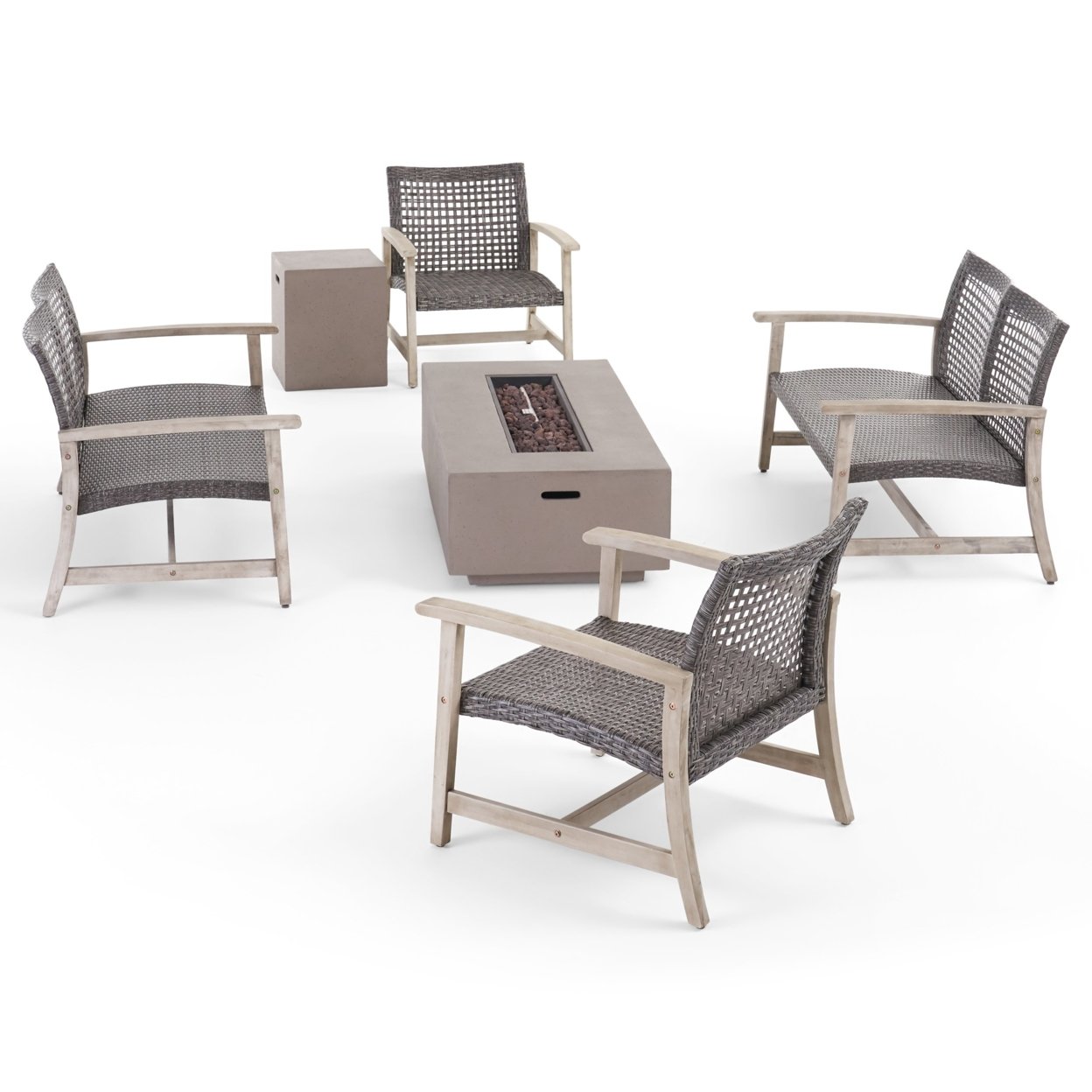 Allison Outdoor 6 Piece Wood And Wicker Chat Set With Fire Pit - Mixed Black, Light Gray Washed Finish