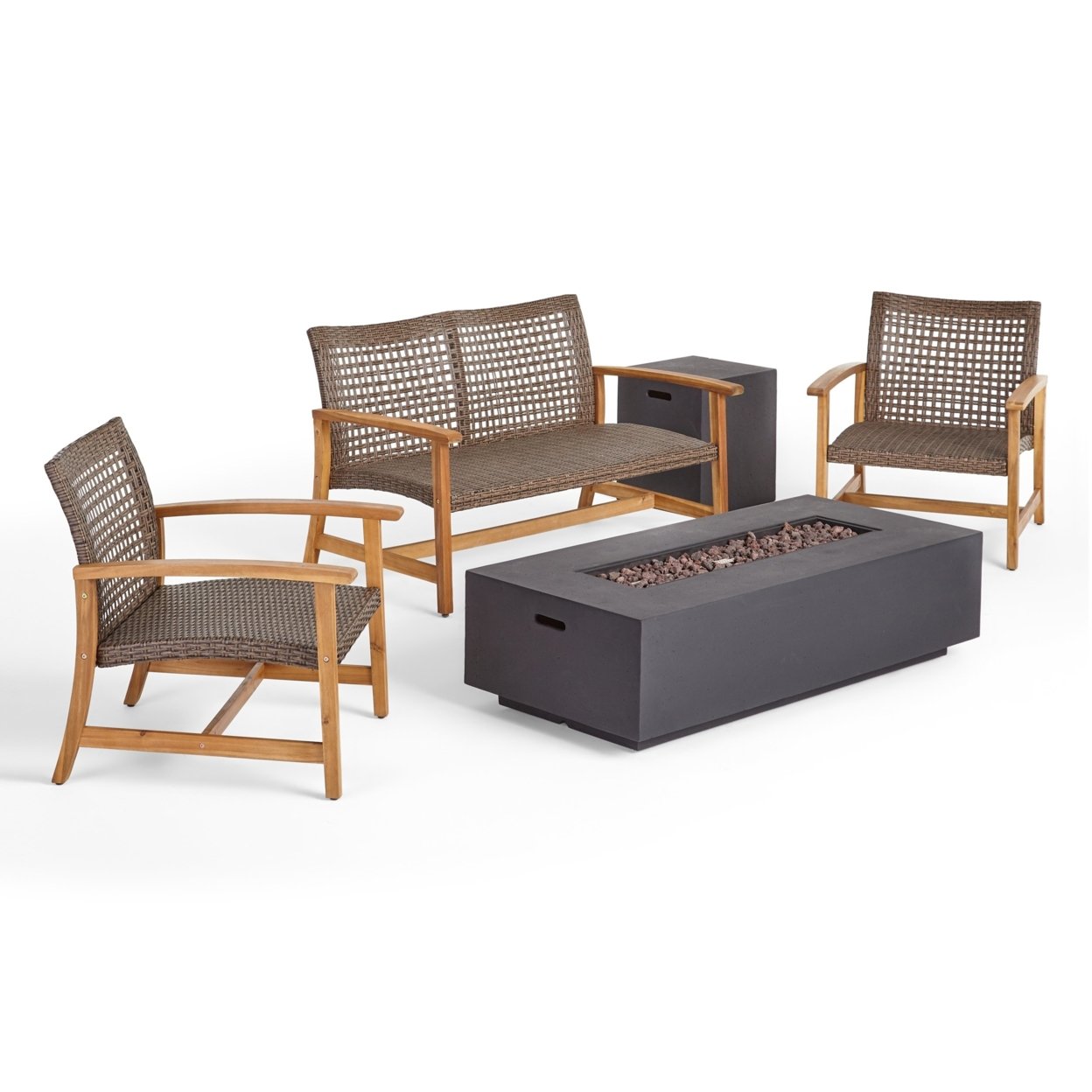 Allison Outdoor 5 Piece Wood And Wicker Chat Set With Fire Pit - Mixed Mocha, Natural Finish, Dark Gray
