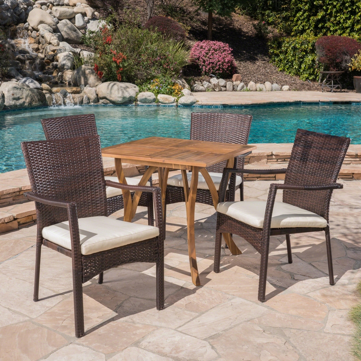 Alva Outdoor 5 Piece Acacia Wood/ Wicker Dining Set With Cushions, Teak Finish And Brown With CrÌ¬me