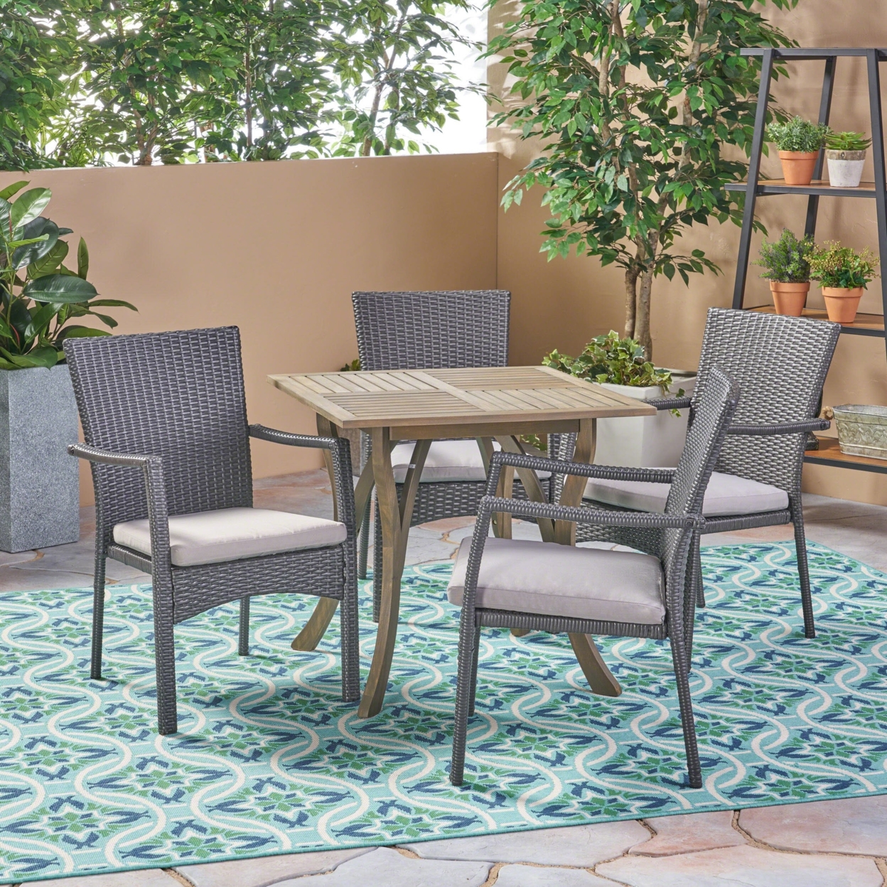 Alva Outdoor 5 Piece Wood And Wicker Square Dining Set