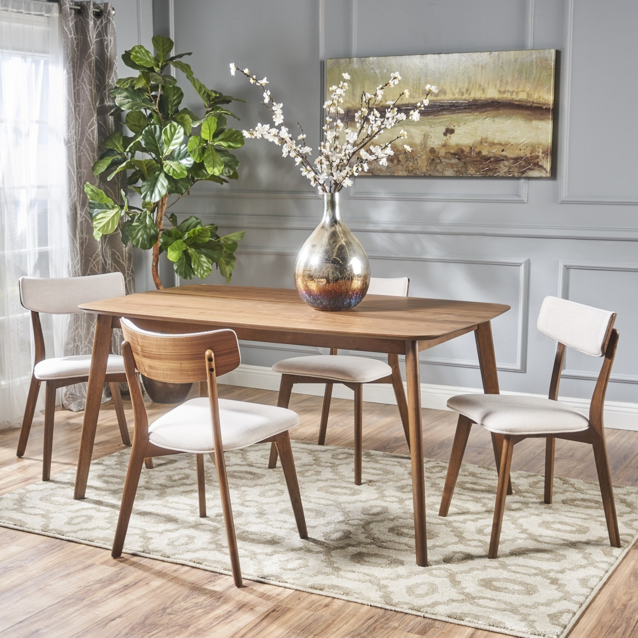 Aman Mid Century Finished 5 Piece Wood Dining Set With Fabric Chairs - Light Beige