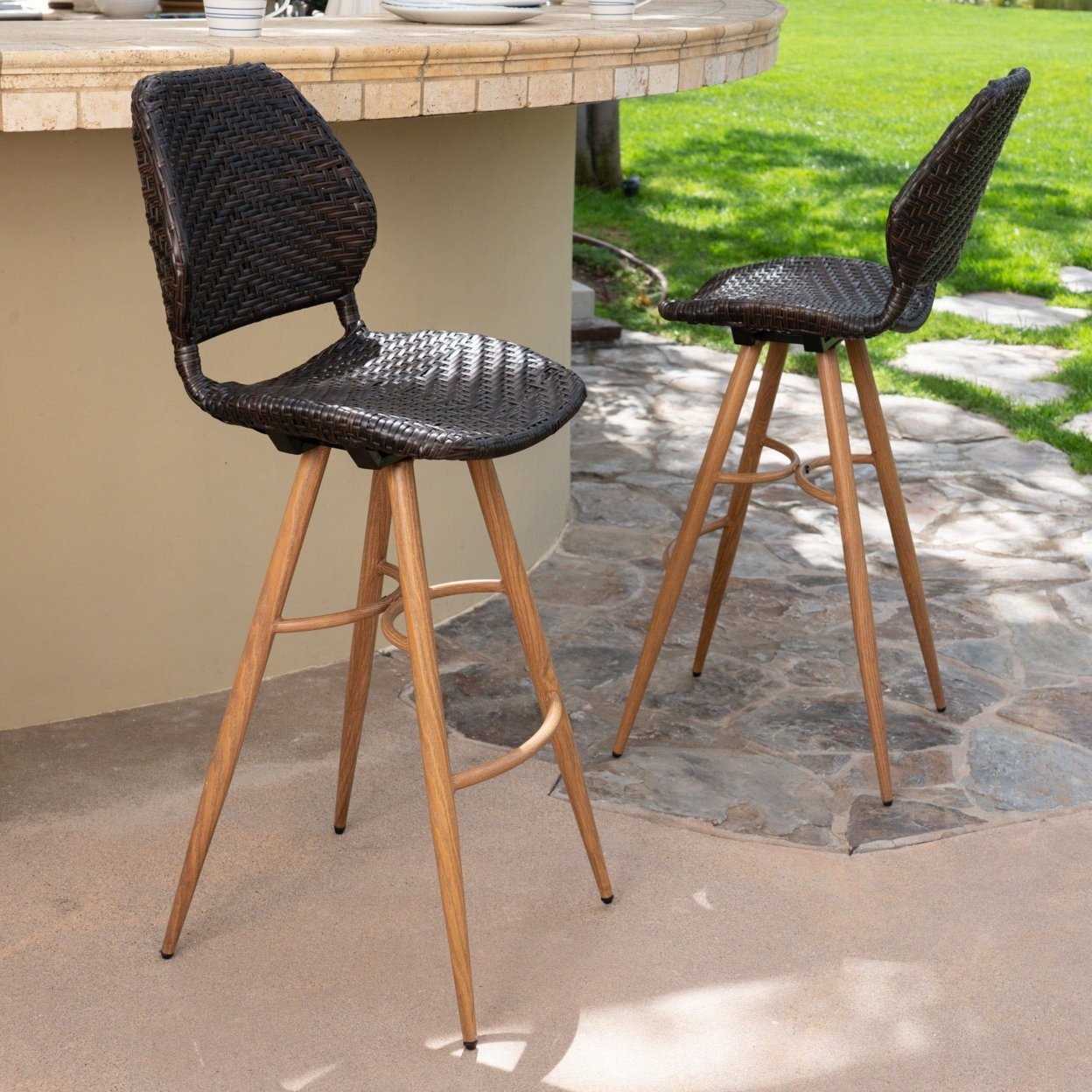 Amaya Outdoor Multi-brown Wicker Barstools With Brown Wood Finish Metal Leg - Brown, Set Of 4