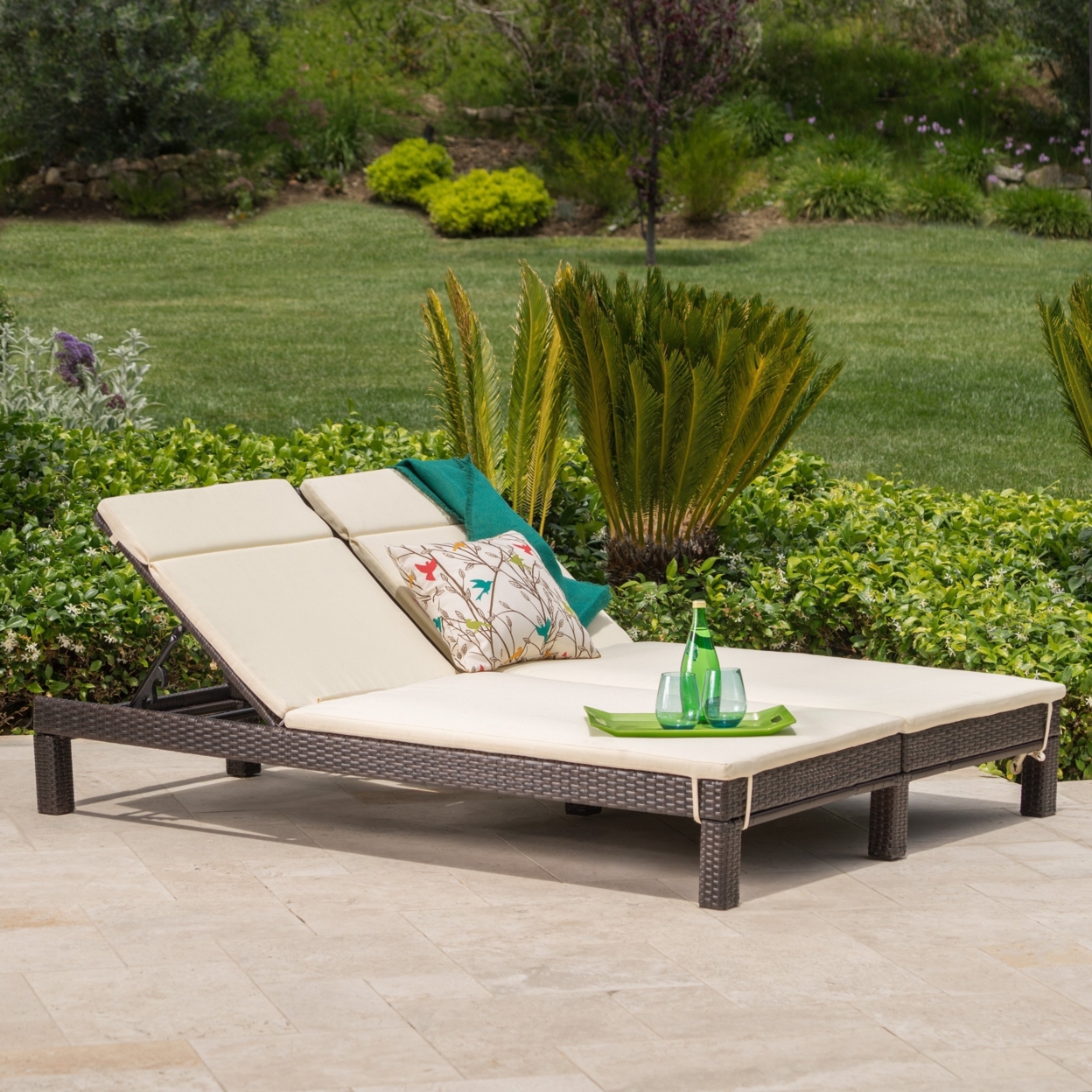 Amour Outdoor Dual Wicker Chaise Lounge With Water Resistant Cushions