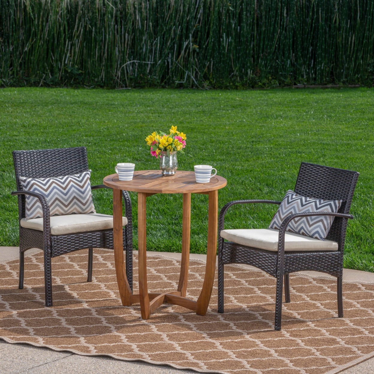 Andy Outdoor 3 Piece Acacia Wood/ Wicker Bistro Set With Cushions, Teak Finish And Multibrown With CrÌ¬me
