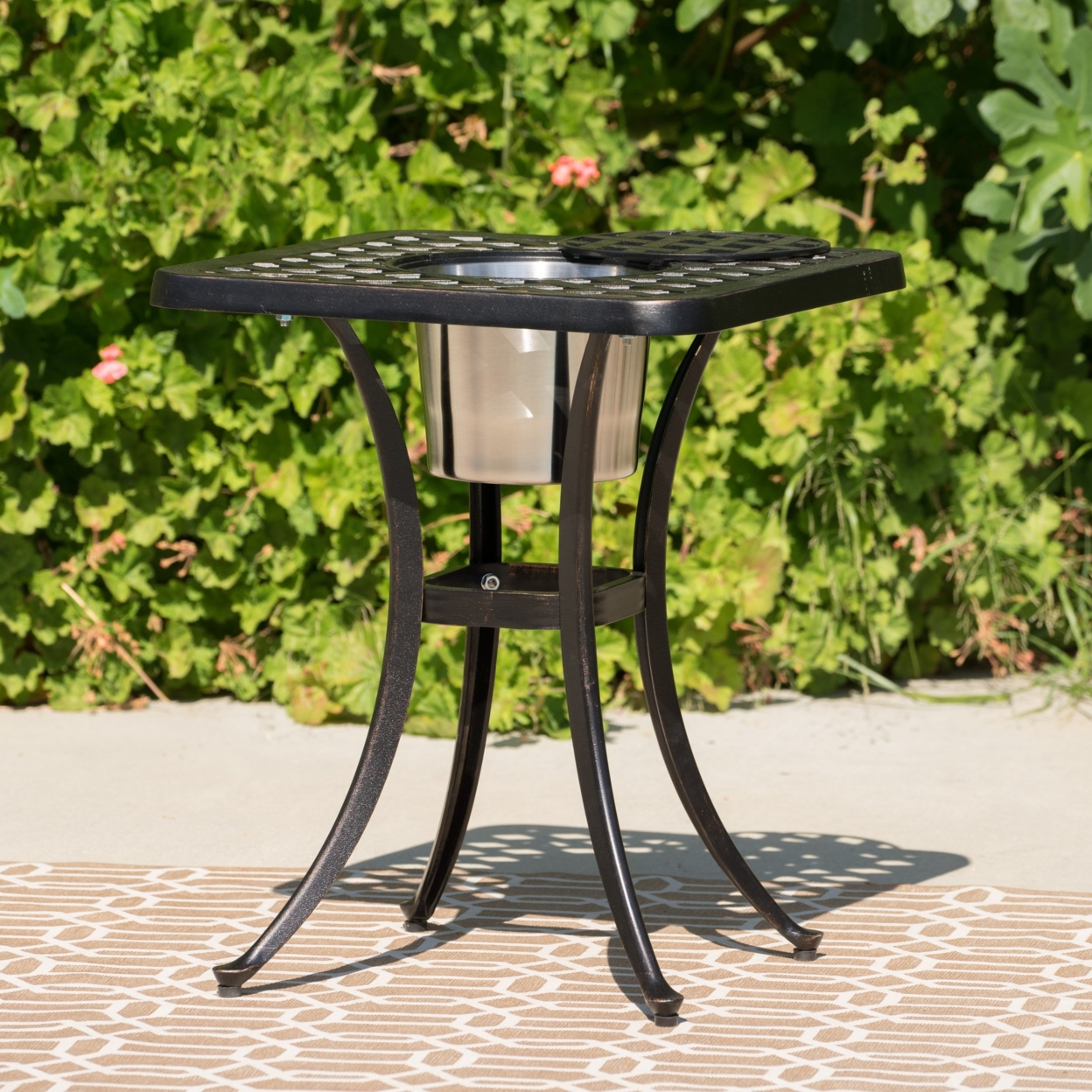 Ariel Outdoor Patina Copper Bistro Table With Ice Bucket
