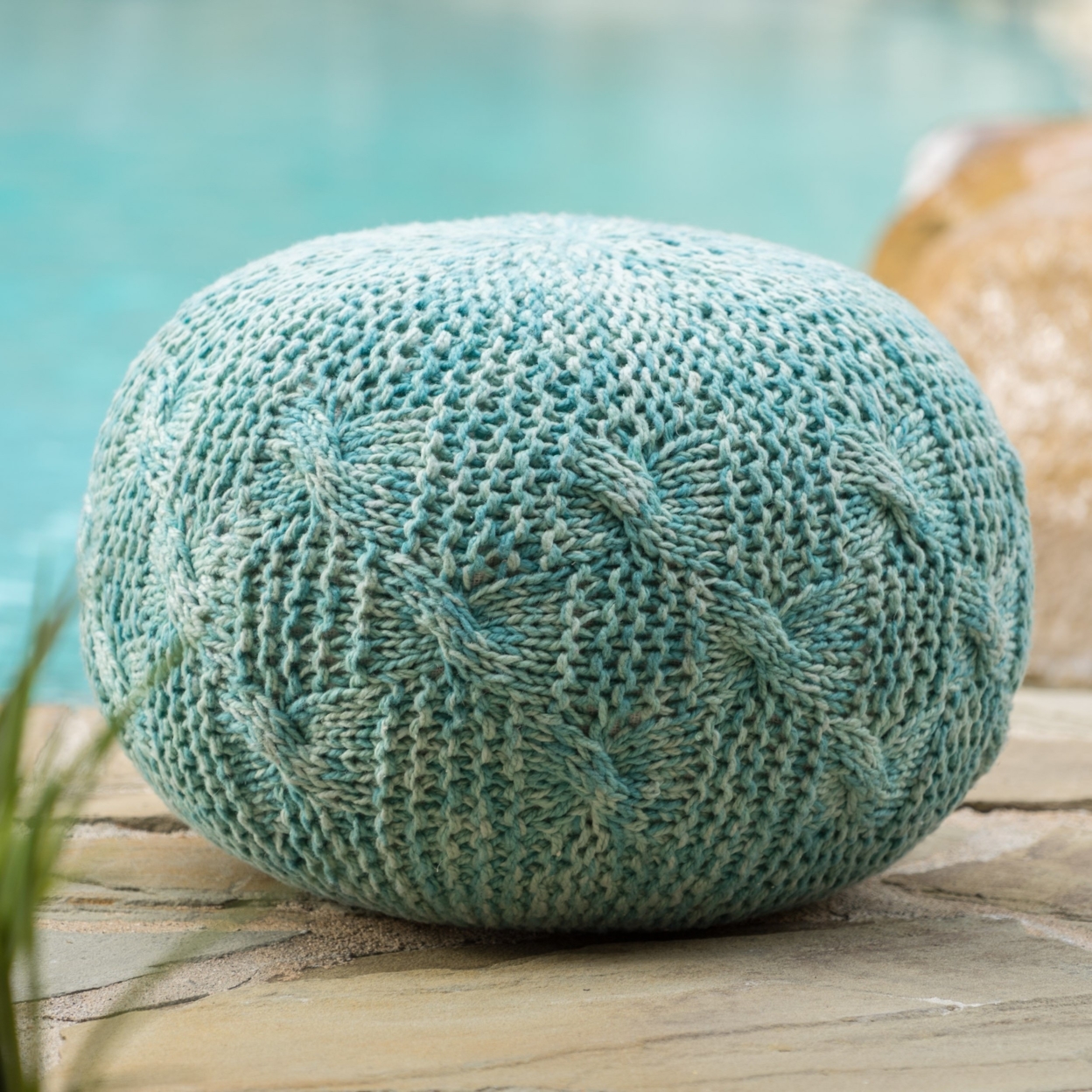 Ash Indoor/Outdoor Fabric Hand Knitted Weave Pouf - Orange