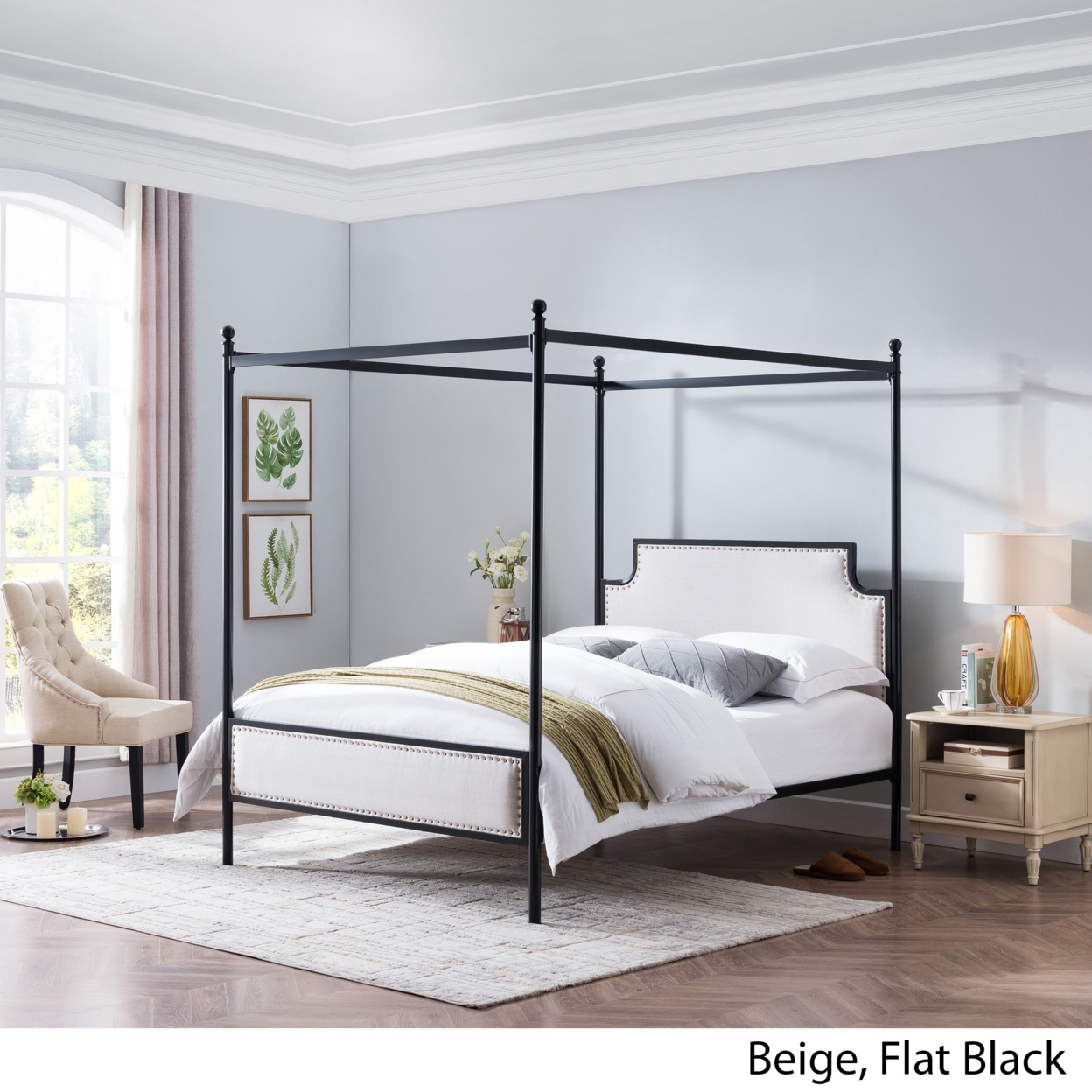 Asa Queen Size Iron Canopy Bed Frame With Upholstered Studded Headboard - Gray