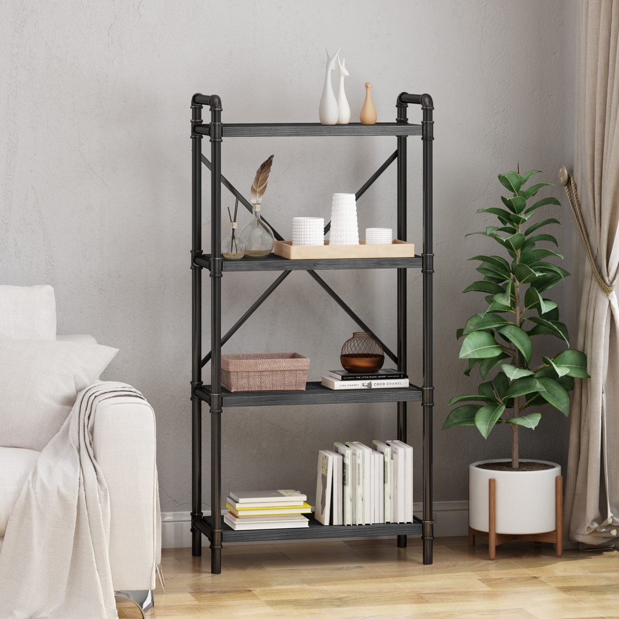 Astrid Industrial 4 Shelf Firwood Bookcase - Gray + Pewter