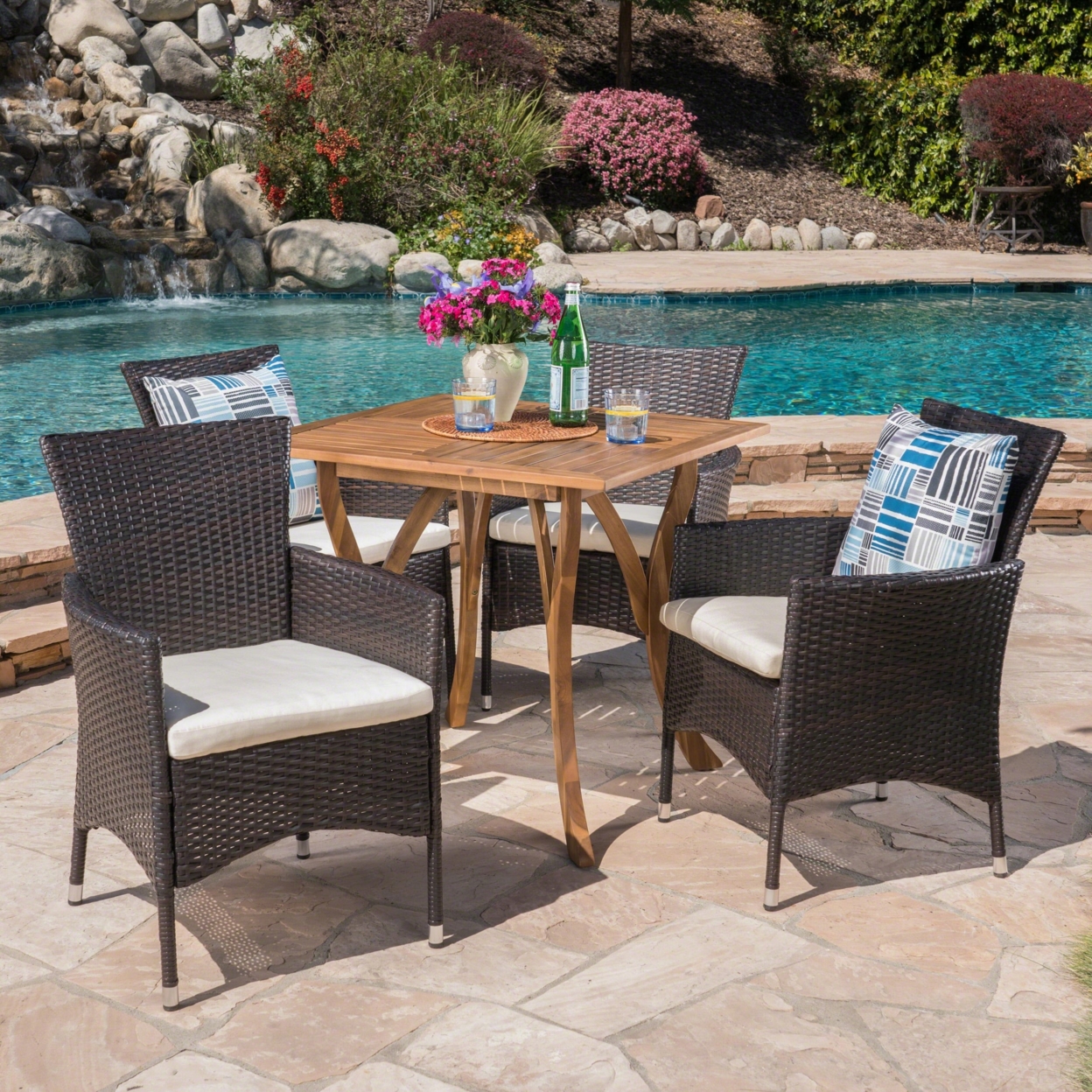 Arthur Outdoor 5 Piece Acacia Wood/ Wicker Dining Set With Cushions, Teak Finish And Multibrown With Beige