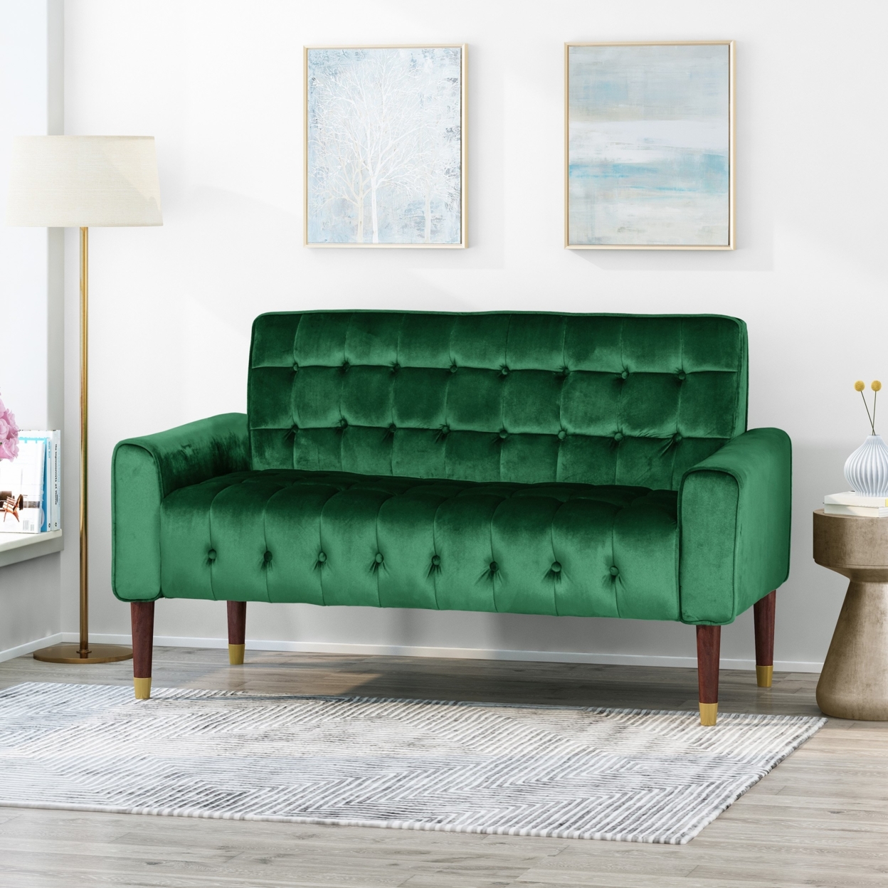 Aubrie Tufted Velvet Loveseat With Gold Tipped Tapered Legs - Emerald