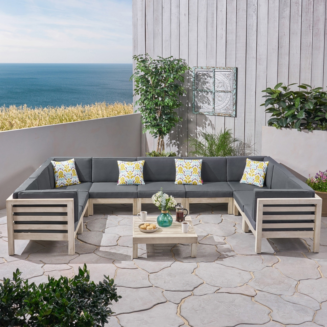 Ava Outdoor 9 Seater Acacia Wood Sectional Sofa Set, Weathered Gray Finish And Dark Gray
