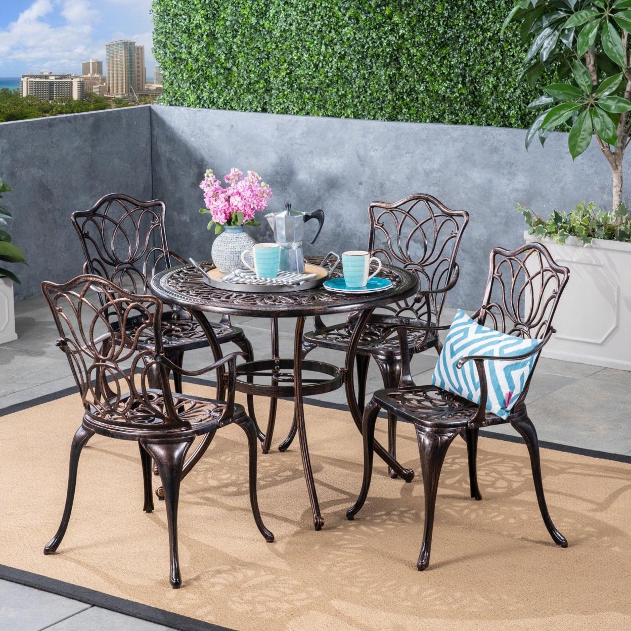 Barbara Outdoor 4-Seater Cast Aluminum Round-Table Dining Set, Shiny Copper