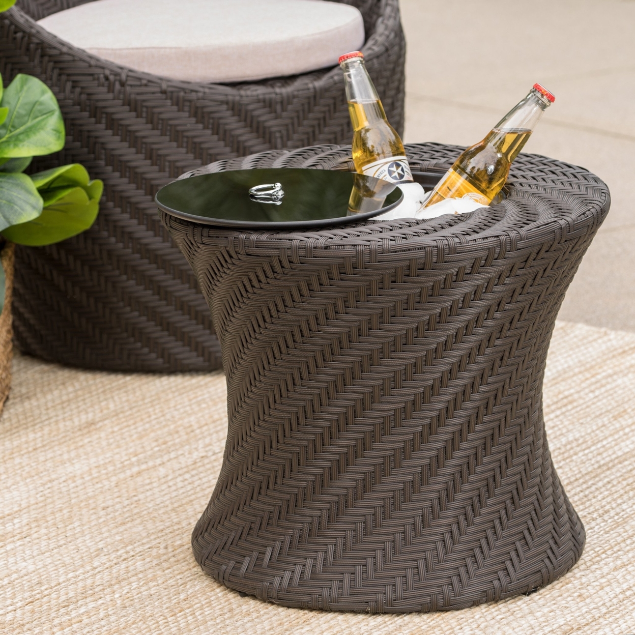 Belen Outdoor Brown Wicker Accent Table With Ice Bucket