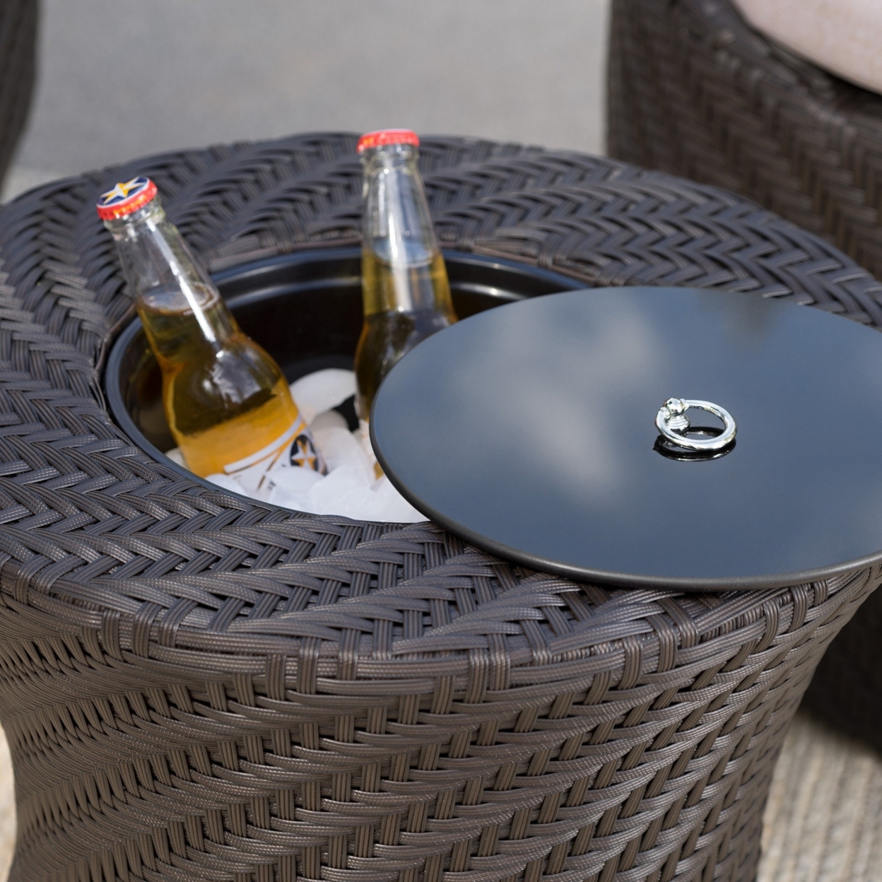 Belen Outdoor Brown Wicker Accent Table With Ice Bucket