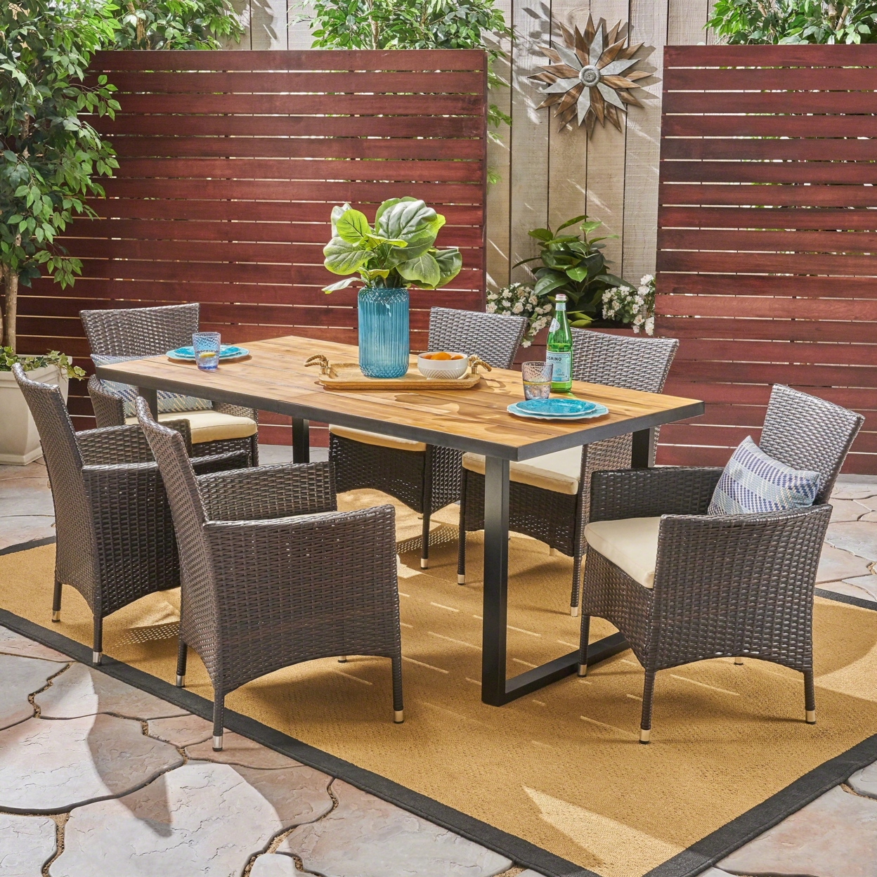 Belle Outdoor 6-Seater Rectangular Acacia Wood And Wicker Dining Set, Teak With Black And Multi Brown With Beige