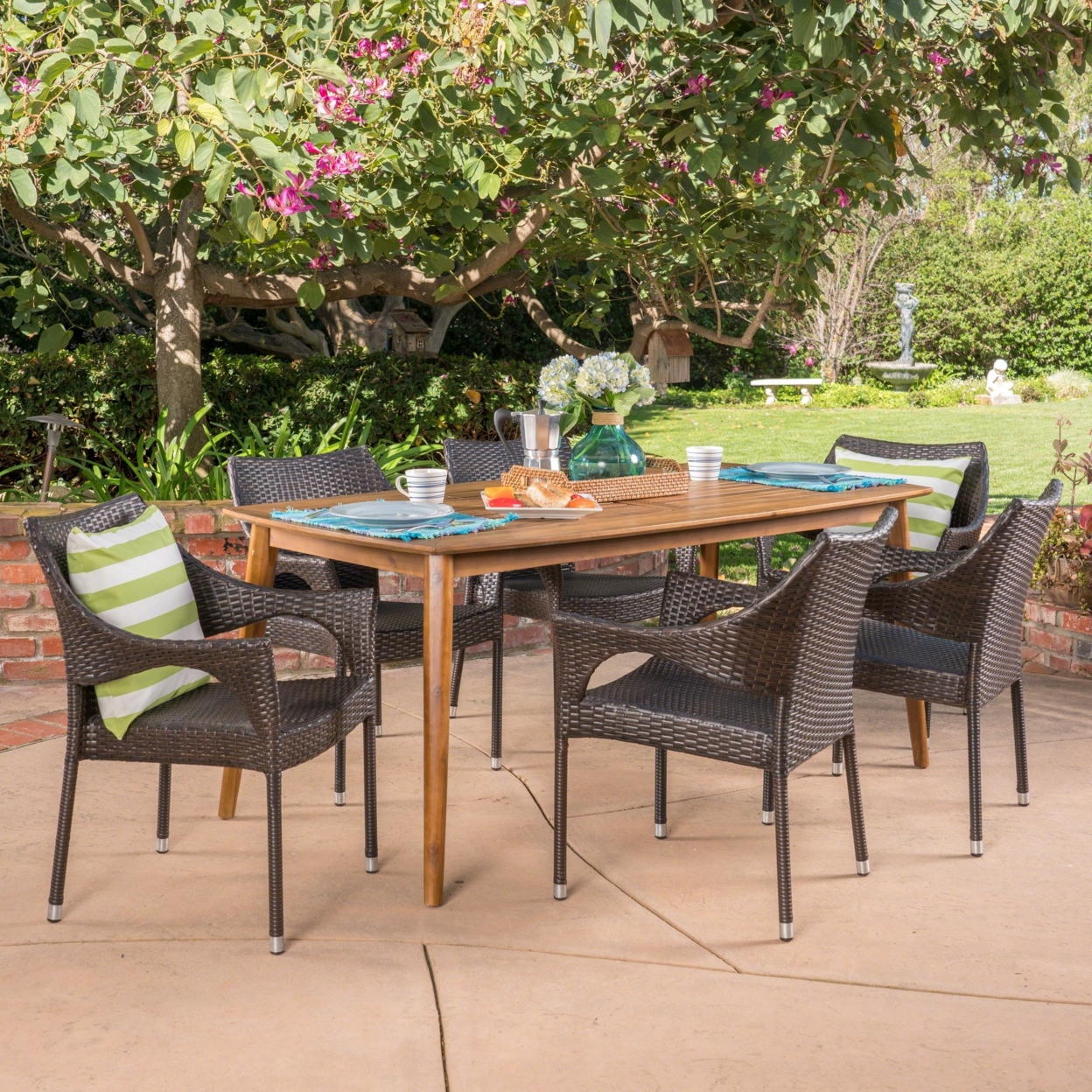 Ben Outdoor 7 Piece Multibrown Wicker Dining Set With Teak Finish Rectangular Acacia Wood Dining Table