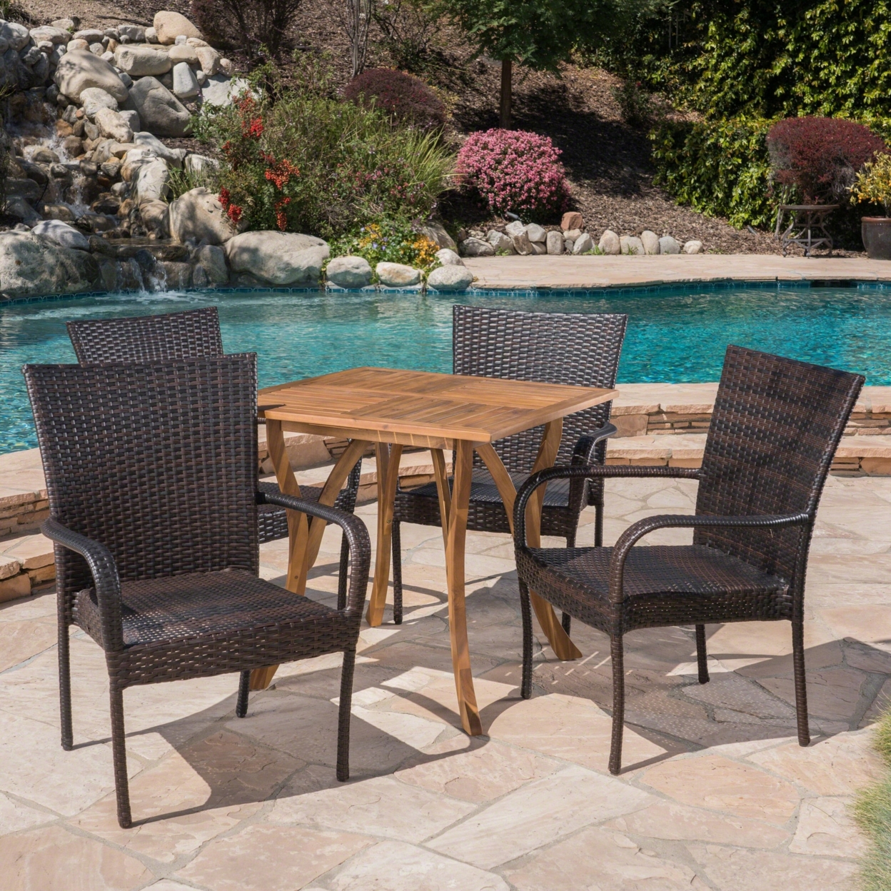 Benson Outdoor 5 Piece Acacia Wood/ Wicker Dining Set, Teak Finish And Multibrown