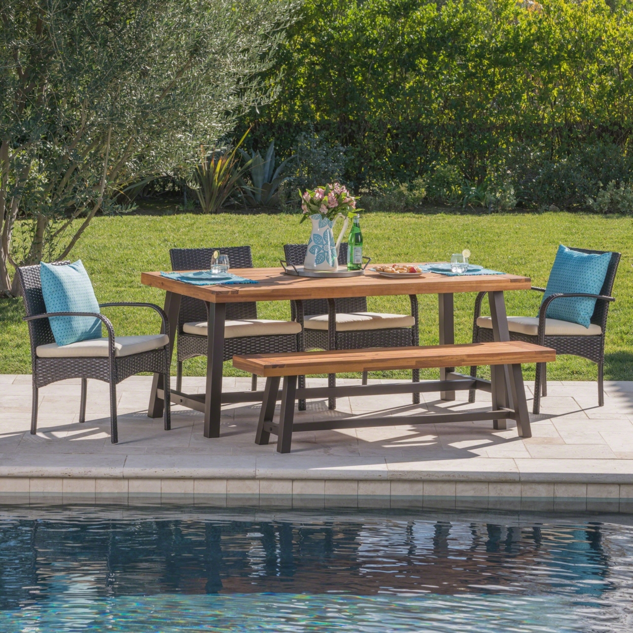 Beryl Outdoor 6 Piece Iron And Wood Dining Set With 4 Wicker Dining Chairs