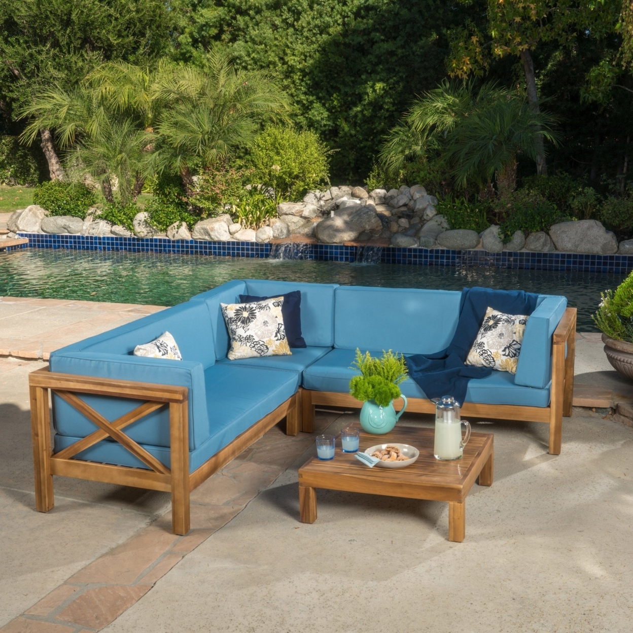 Brava Outdoor 4 Piece V-Shaped Acacia Wood Sectional Sofa And Coffee Table Set - Red, Natural