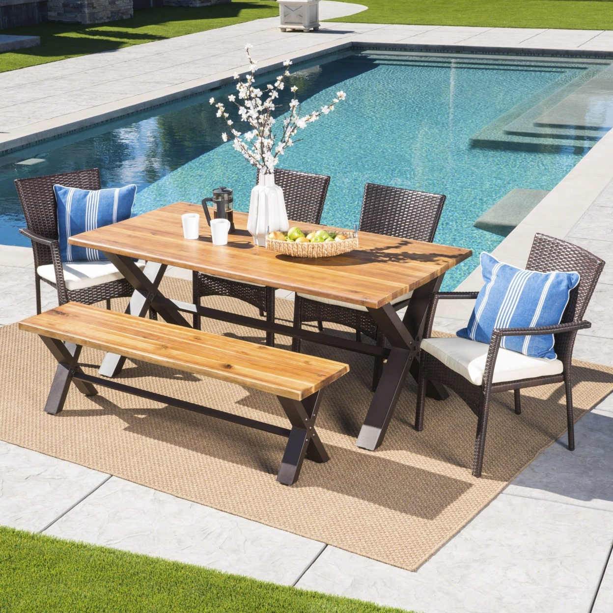 Brassel Outdoor 6 Piece Acacia Wood Dining Set With Wicker Dining Chairs