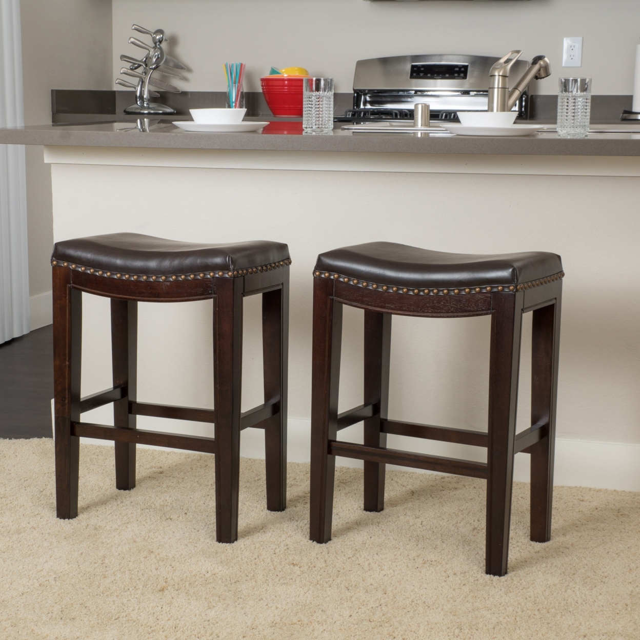 Brown 26-Inch Leather Backless Counter Stools With Nailhead Accent (Set Of 2)