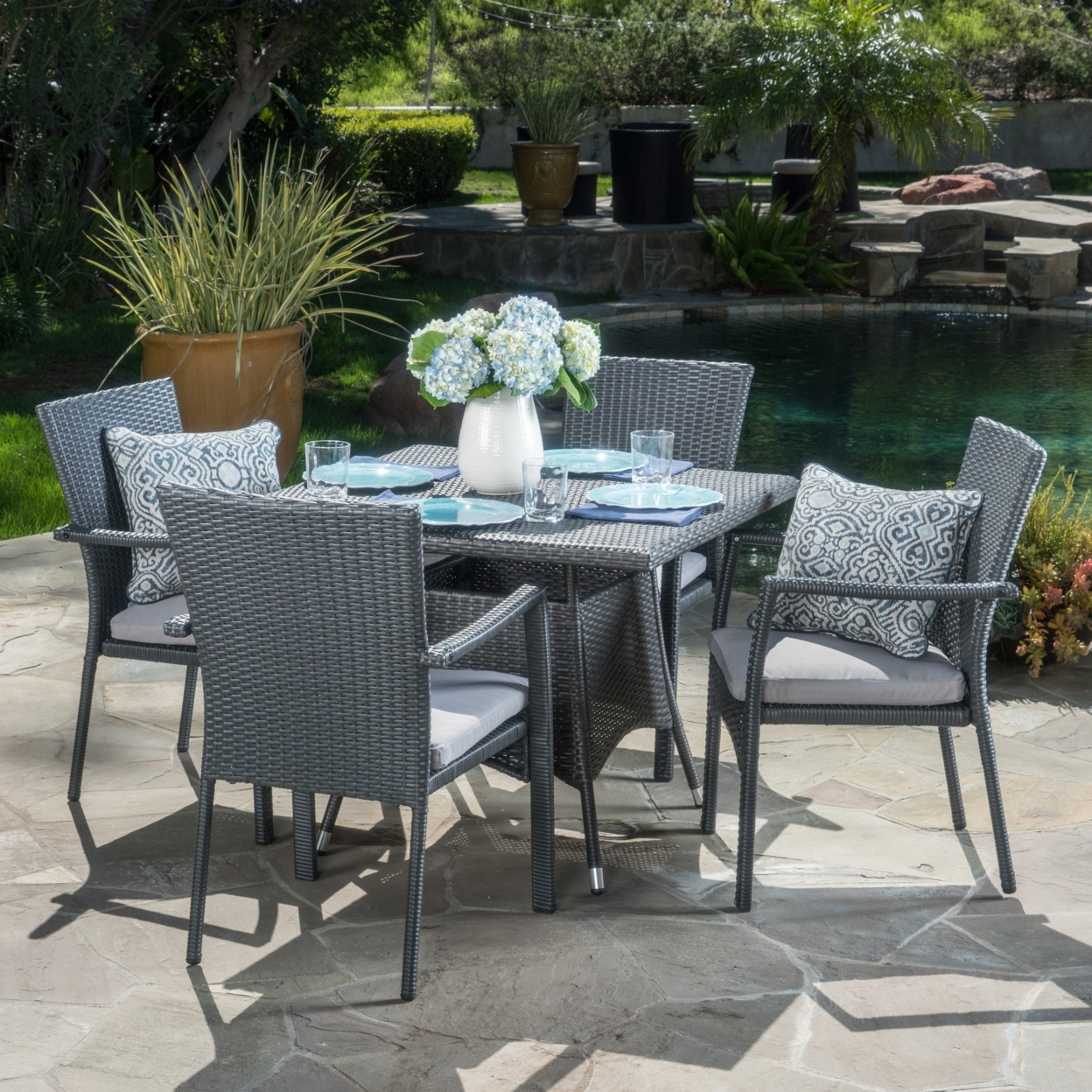Cabela Outdoor 5 Piece Grey Wicker Dining Set With Cushions