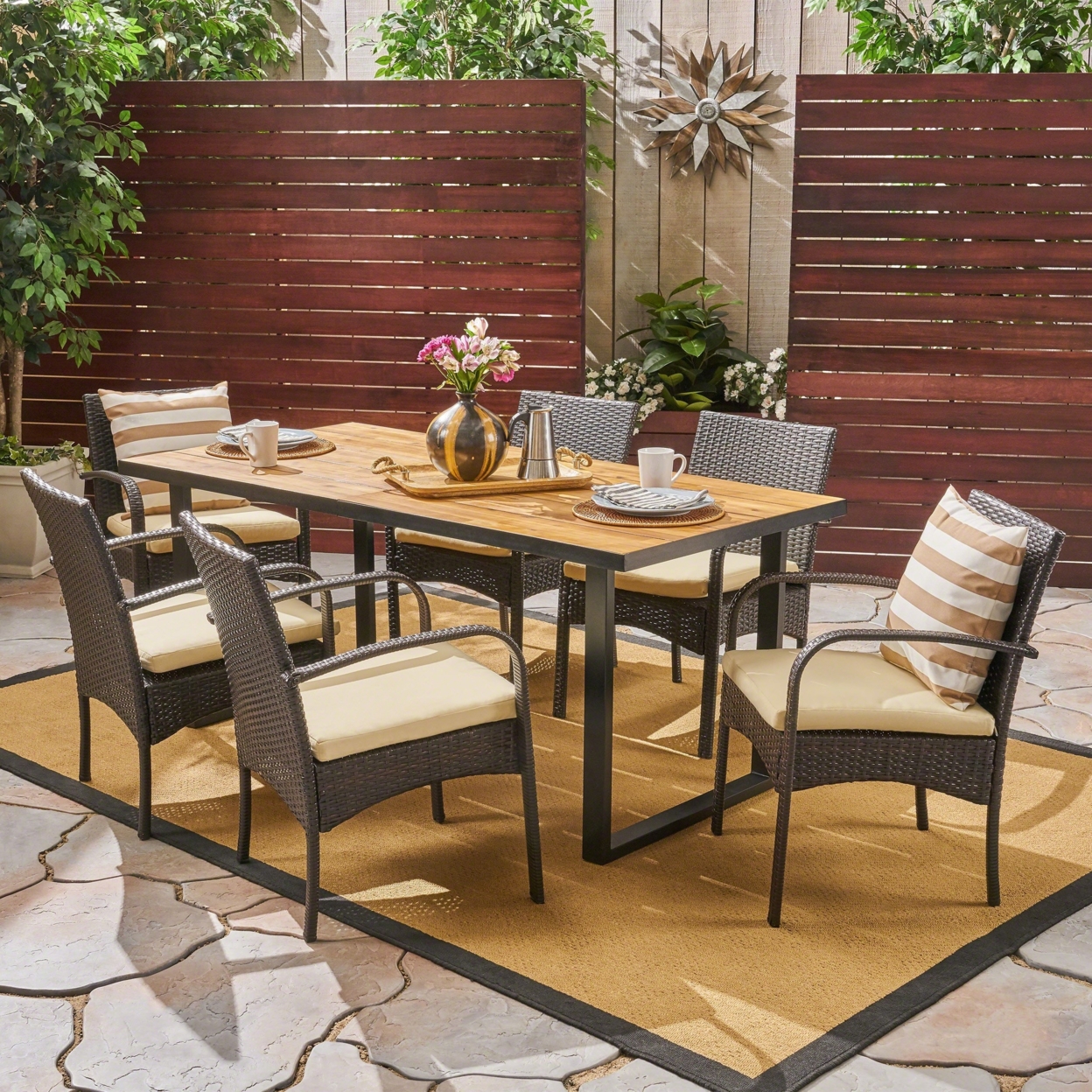 Bunny Outdoor 6-Seater Rectangular Acacia Wood And Wicker Dining Set, Teak With Black And Multi Brown With Cream