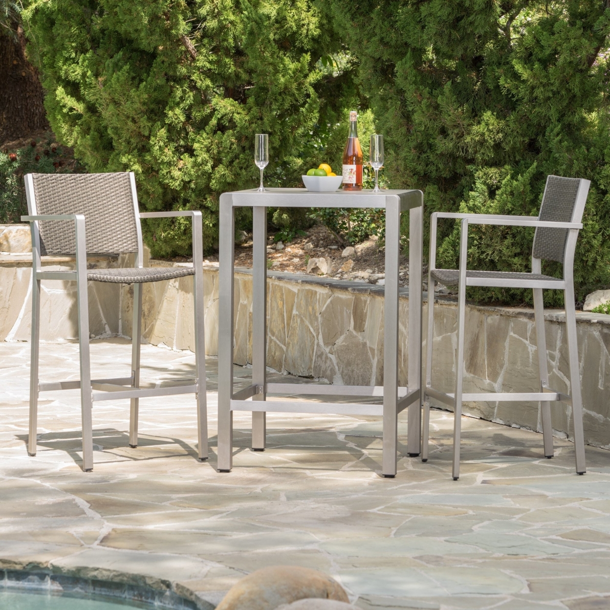 Capral Outdoor 3 Piece Grey Wicker Bar Set With Glass Table Top