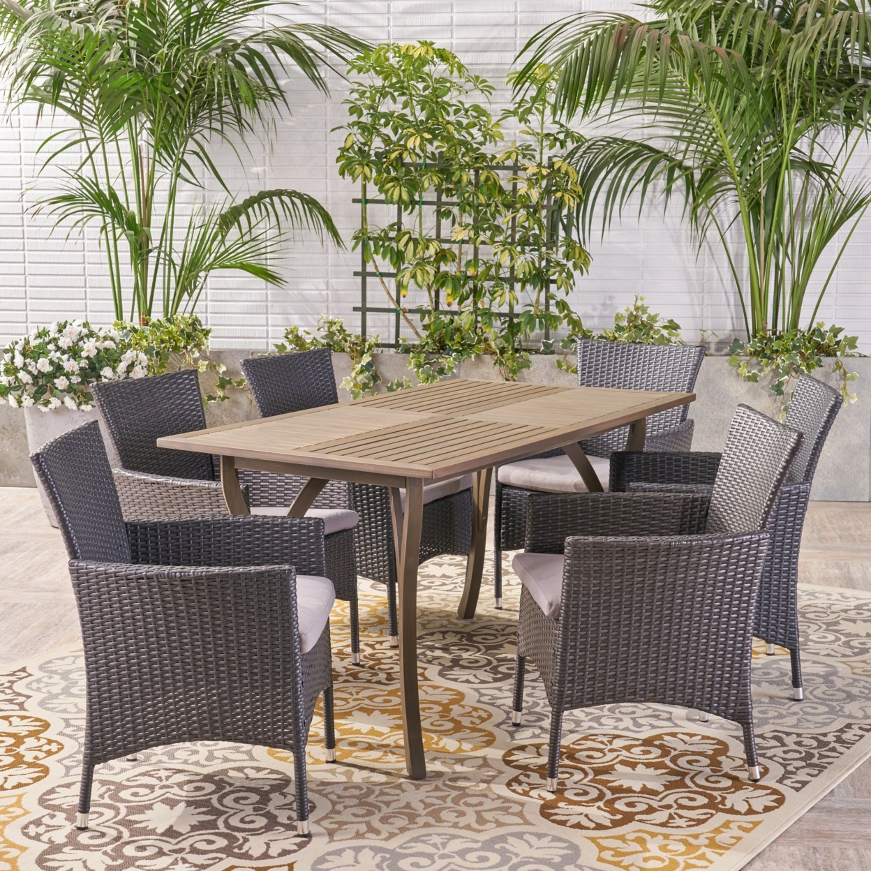 Carl Outdoor 7 Piece Wood And Wicker Dining Set