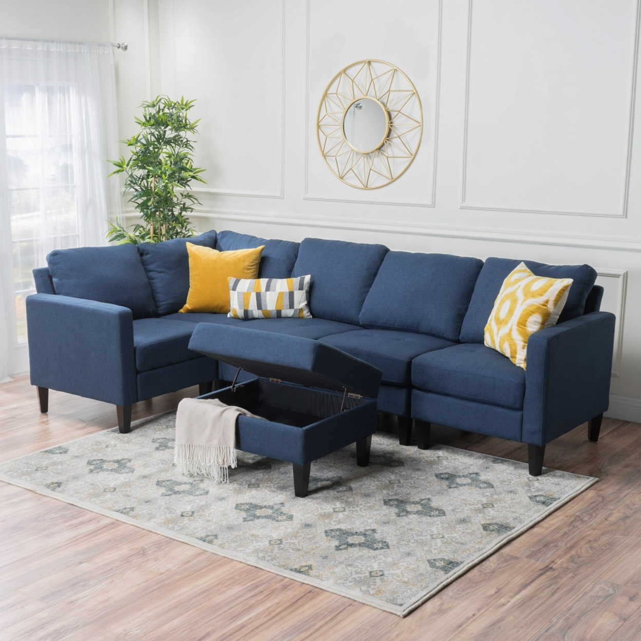 Carolina Fabric Sectional Couch With Storage Ottoman - Dark Blue