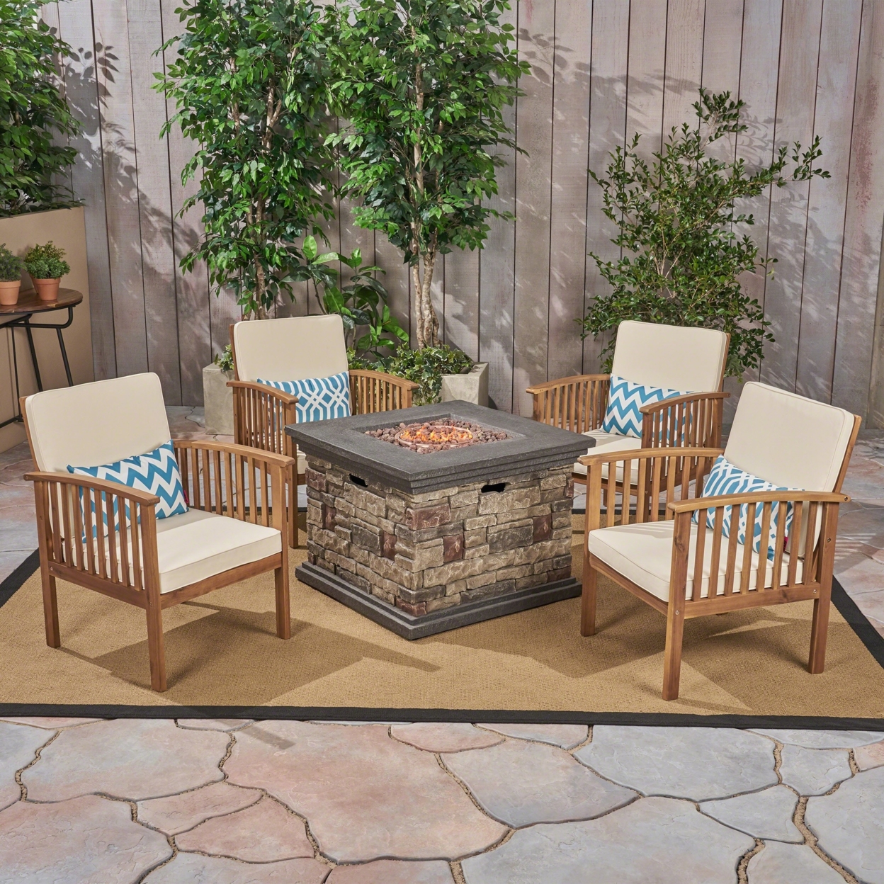 Carol Outdoor 4-Seater Acacia Wood Club Chairs With Firepit, Brown Patina Finish And Cream And Stone - Cream, Gray