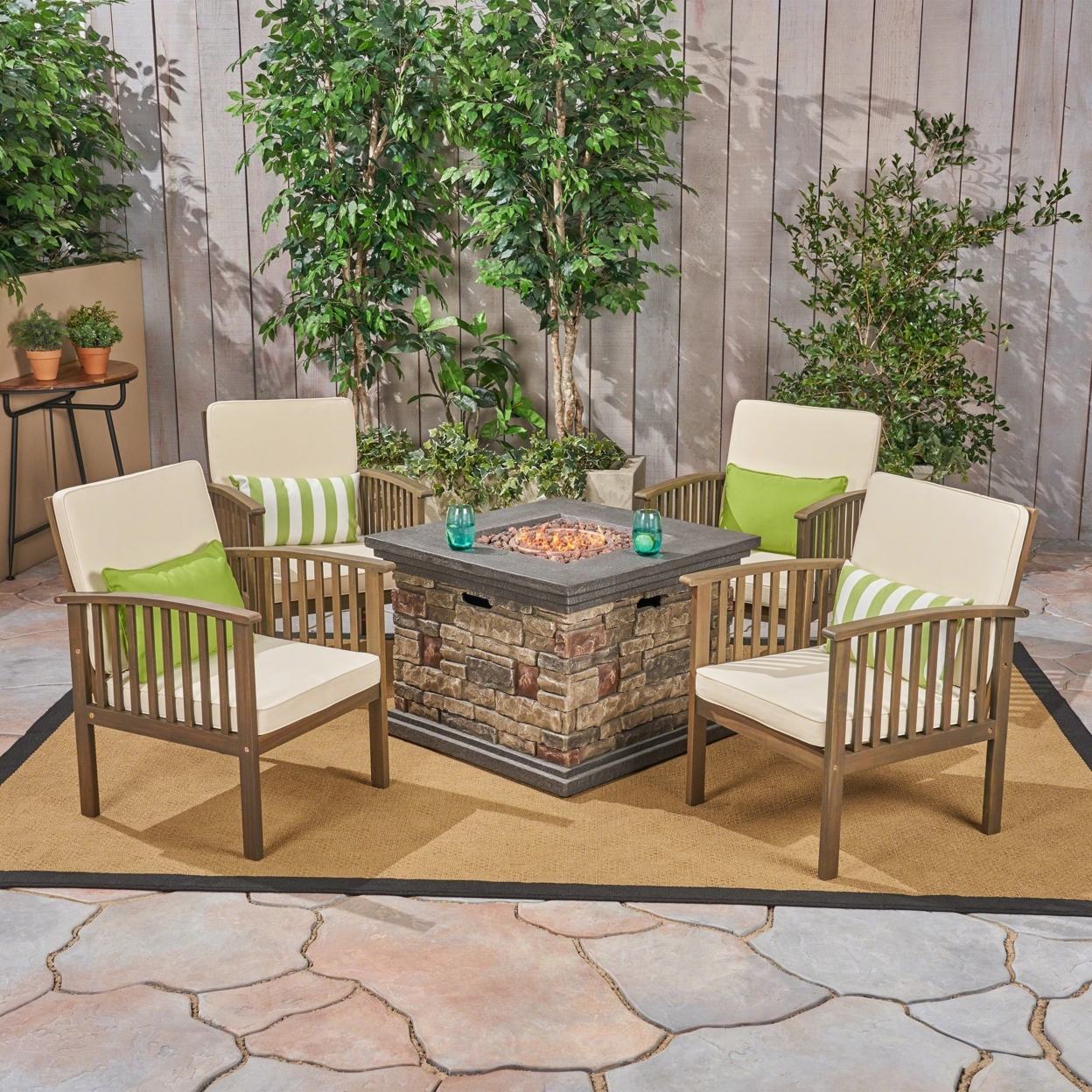 Carol Outdoor 4-Seater Acacia Wood Club Chairs With Firepit, Brown Patina Finish And Cream And Stone - Cream, Gray