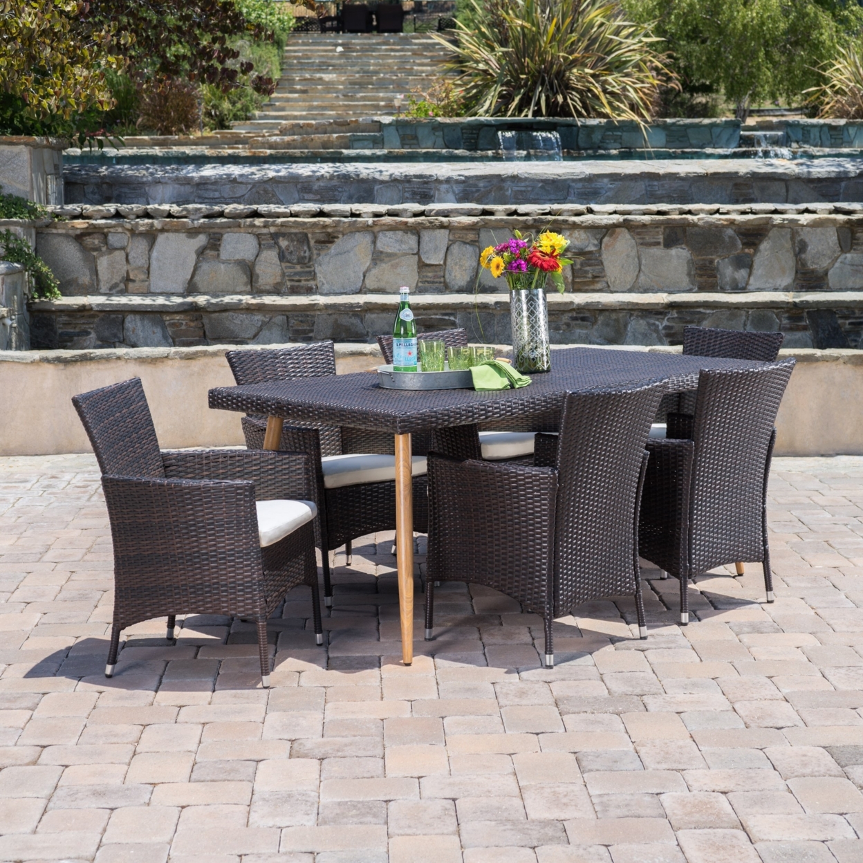 Carpinteria Outdoor 7Pc Multi-brown Wicker Dining Set With Water Resistant Cushion